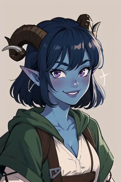 masterpiece, best quality, 1girl, jesterlavorre, blue hair,  purple eyes, blue skin, colored skin, horns, pointy ears, closeup, tiefling, smile, looking at viewer, solo, mischievous smile, upper body, cleavage