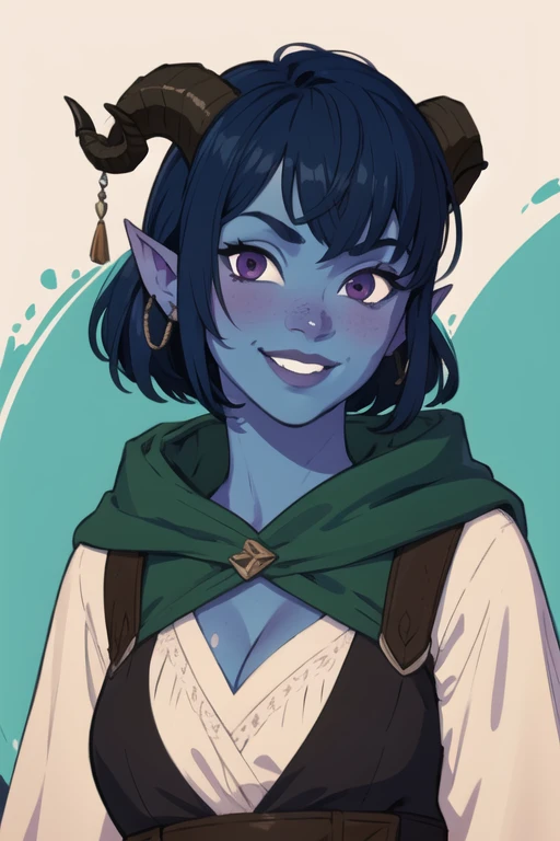 masterpiece, best quality, 1girl, jesterlavorre, blue hair,  purple eyes, blue skin, colored skin, horns, pointy ears, closeup, tiefling, smile, looking at viewer, solo, mischievous smile, upper body, cleavage