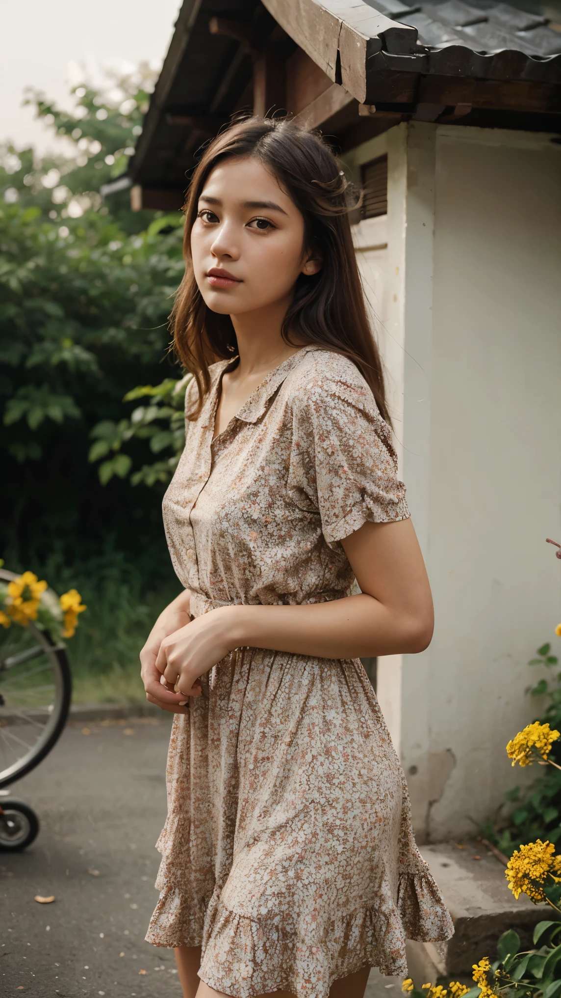 analog photography, grain film, vintage photo, portra 400, in the style of lo-fi aesthetics:: a young girl in orange flowers outside of a house,Wearing a purple dress,  in the style of luminous portraits, pop inspo, asian-inspired, grainy film, i can't believe how beautiful this is, realistic yet romantic, layered portraits