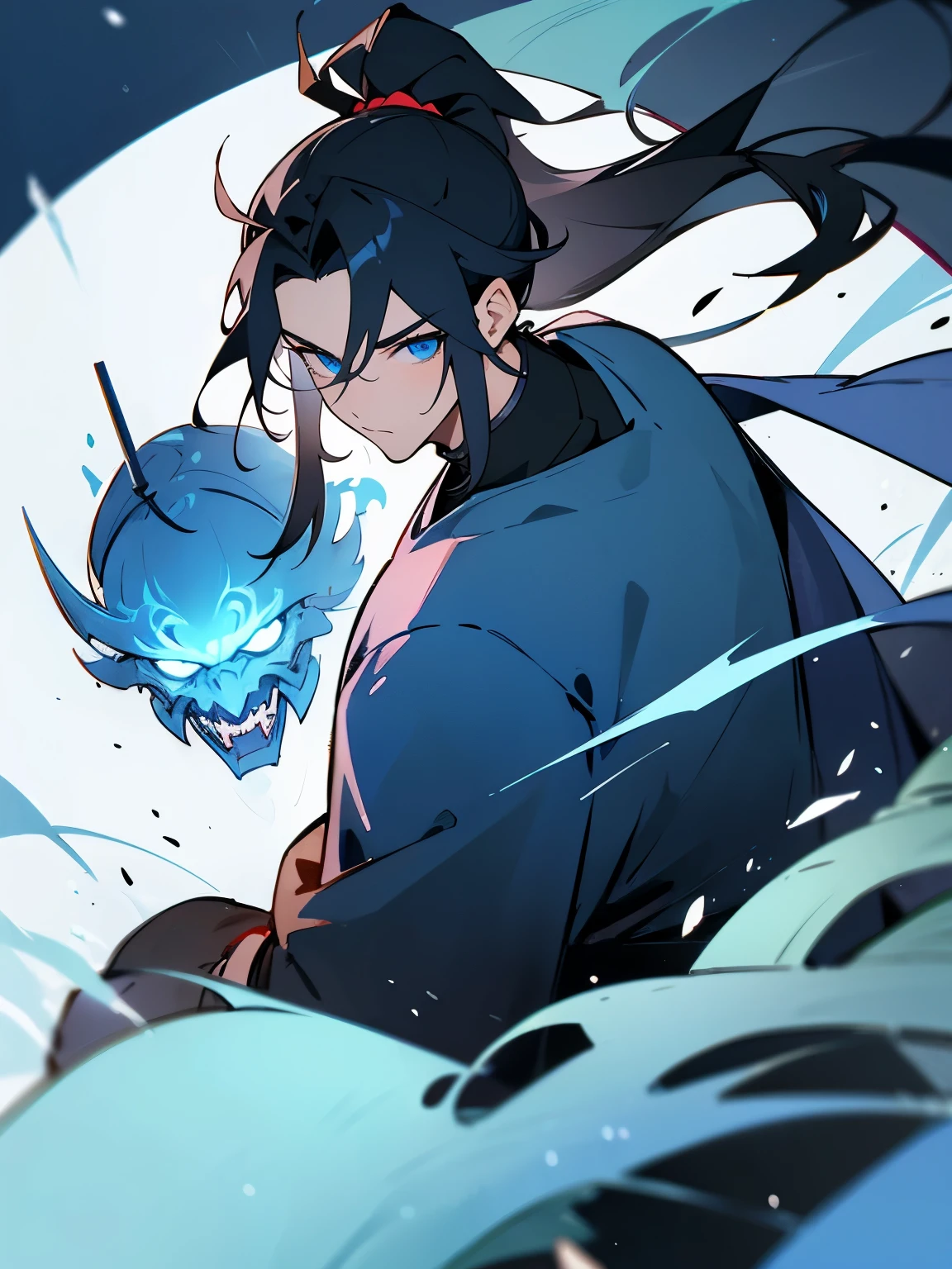 Mature adult man ((masculine and youthful face)) army general, blue eyes, black hair tied in a ponytail, blue armor, sword of the sea god Susano'o, manhua style ((perfect nose))