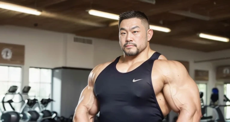 (tank top:1.4), (at gym:1.4), 40's, (Japanese face:1.4), (Korean face:1.4), (Chinese face:1.4), (Taiwanese face:1.4), manly face, fat face, (round face:1.4), (monolid eyes:1.2), (buzz cut:1.4), very large and strong body, bulky body, beefy muscles, (bulging muscles:1.4), (very large pectoral muscles:1.4), (muscular arms:1.4), muscular abs, muscular legs, muscular back, bright oily skin, (realistic:1.2), distant view