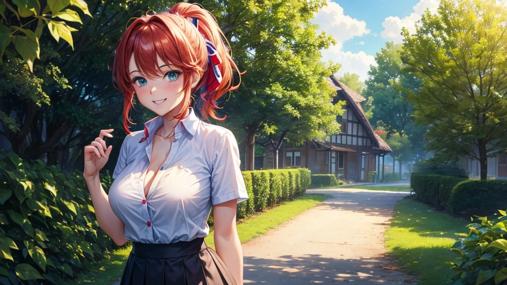 1girl, summer, village, trees, sun, clouds, ((colorful hair)), ponytail, large breasts, button down, blue eyes, ((red, white and green shirt)), ((unbuttoned shirt)), unbuttoning buttons, ((short sleeved shirt)), black mini skirt, brown shoes, grin, looking at the viewer, standing, red, white and green hair ribbon, cleavage, ((golden necklate))