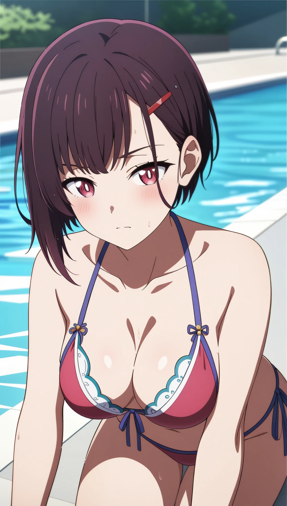 (masterpiece, best quality, very aesthetic, ultra detailed), intricate details,
1girl, shizukazom100, short hair, dark purple hair, bangs, hair ornament, hairclip, pink eyes, white pupils, medium breasts, collarbone, bikini, poolside, 