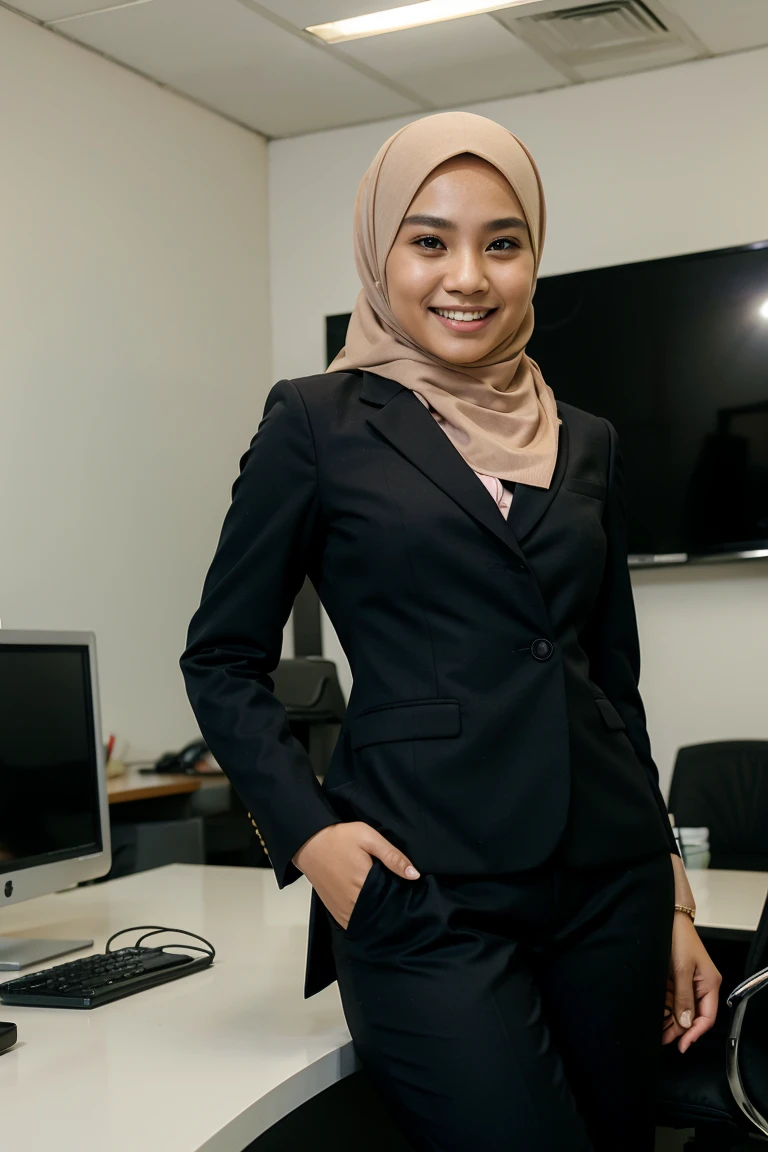 24 year old teenage malay woman with hijab,wearing office suit,office background,closed mouth,smiling