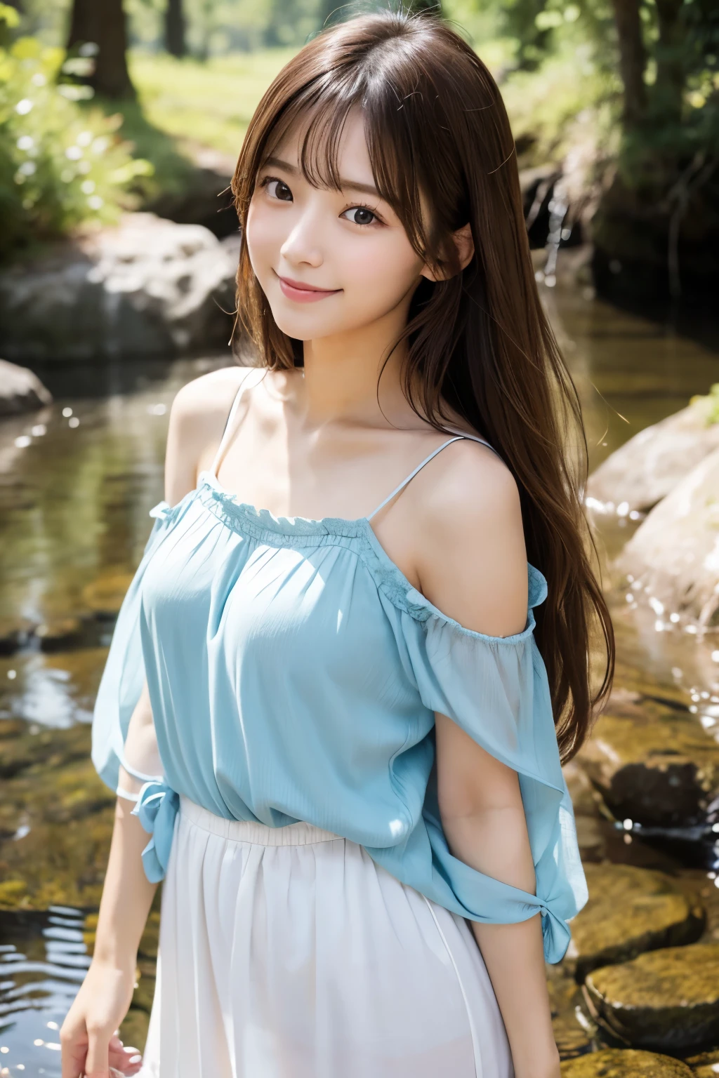 highest quality、Super detailed,、finely、High resolution、beautiful eyeedium long hair、hair fluttering in the wind、brunette hair、Standing in the creek、19 year old beauty、Photographed from the knees up、cute smile、face light、Sheer pastel blue camisole、eight-headed body、beautiful woman、gravure、sexy pose、beautiful skin、japanese woman