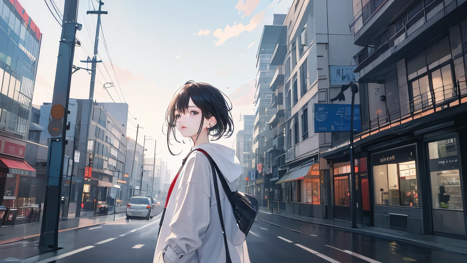 ((highest quality)), ((masterpiece)), (be familiar with), perfect face,((highest quality)), ((masterpiece)), (be familiar with),girl,perfect face,Alone,anxiety,Asahi,unfamiliar road,city,love that ended,spring,homesick,sense of loss,earphone,natural makeup,shyness,Hick