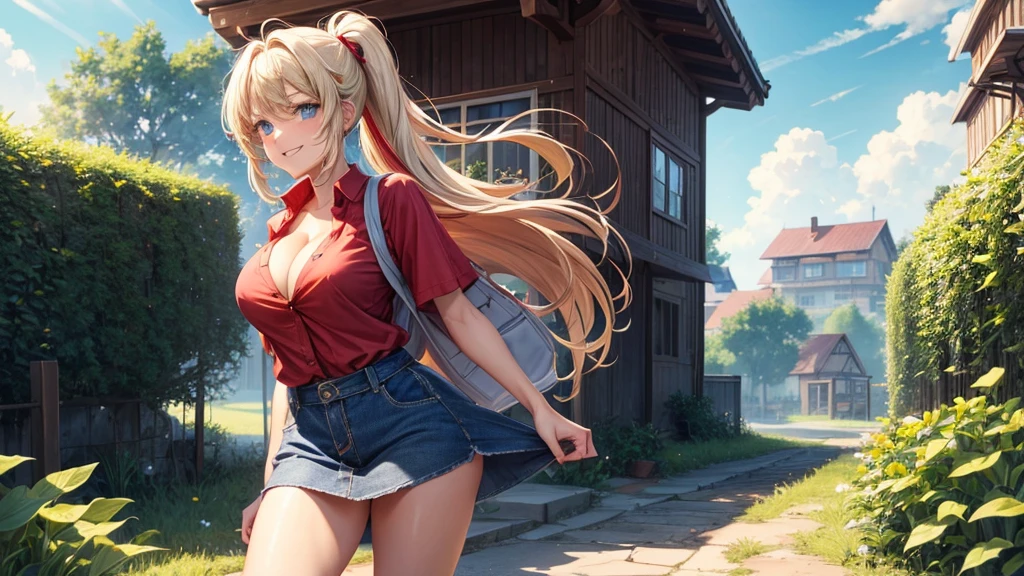 1girl, full body, summer, village, trees, sun, clouds, ((colorful hair)), ponytail, large breasts, button down, blue eyes, ((red, white and green shirt)), ((unbuttoned shirt)), unbuttoning buttons, ((short sleeved shirt)), black mini skirt, brown shoes, grin, looking at the viewer, standing, red, white and green hair ribbon, cleavage, ((golden necklate))