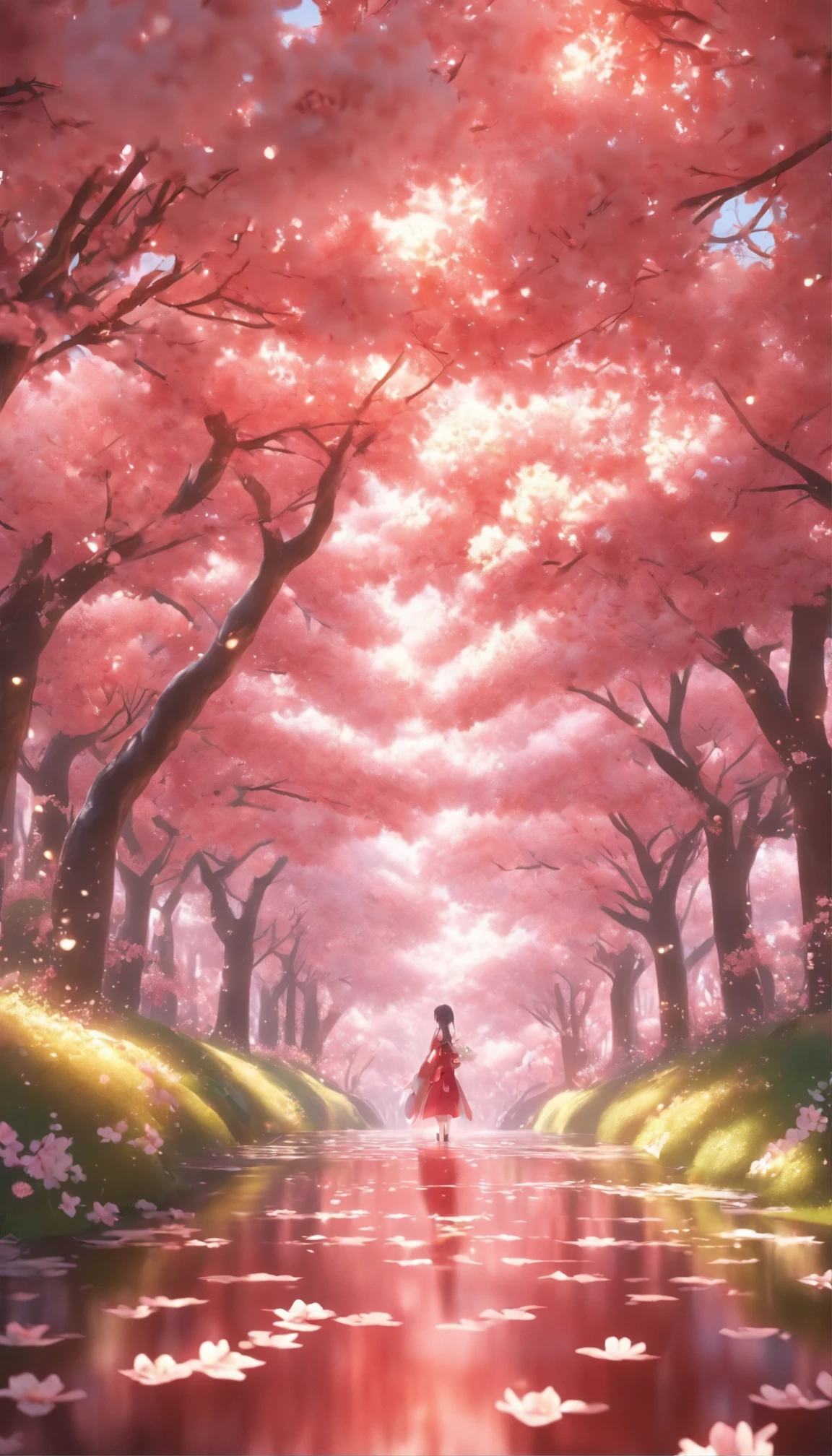 (highest quality, 32K resolution, High resolution, Super detailed, realistic,Finely drawn details), Unreal 5 Engine, tokyo illumination, Romantic motifs, Rosa making portal, majestic background, Flower Environment, beautiful scenery, Flower beds on the floor, Wallpaper aesthetics, E-commerce live room background,ultra-realistic rendering, exquisite composition, Breathtaking wallpapers, stunning visuals, 風景Wallpaper aesthetics, red background, Red reflection, C4D rendering, highest quality, Raw photo"Pure white cherry blossoms,pure white background,pink cherry blossoms,Shining cherry blossoms