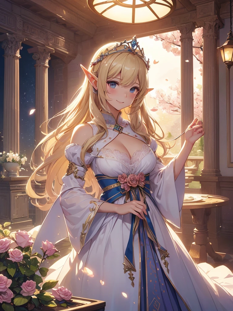 highest quality、Highest image quality、masterpiece、beautiful profile、、Titania、Super beautiful elf beauty((22 years old OL big bust、bust 90,beautiful long ironed hair、blonde、Height: 165cm。slender、sexy、Esbian、beautiful tiara、night、High quality、美しいart、Beautiful bed、canopy、Canopy、muste piece、ビジュアルart、Depth of the bounds written、、elf ears、、Lightのmagic、universe、A happy smile、穏やかなLight、Elven Forest、cherry blossoms、、elegant、ticker beautiful decorative、marble columns、fresco、Mosaic mural、mystical　rosa、Rose、flower瓶magicのflower、flowerを作るmagic、Light、　the sky、beautiful dressy、beautiful dress、table、myth、ART、Lord of the Ring、sexy、friendly smile、Fantastic、cherry blossoms、舞い散るflowerびら、cherry blossomsのflower、universeのmagic、magicのLight、fantasy、flower、super REALITYたくさんのRose、magic、Interior decoration、Many tapestries、Grow fantasy、、mysteryのLight、byzantine、renaissance、Art nouveau、alphonse　Mucha、、art、art,mystery,UHD,magicalgentle light,sexy、