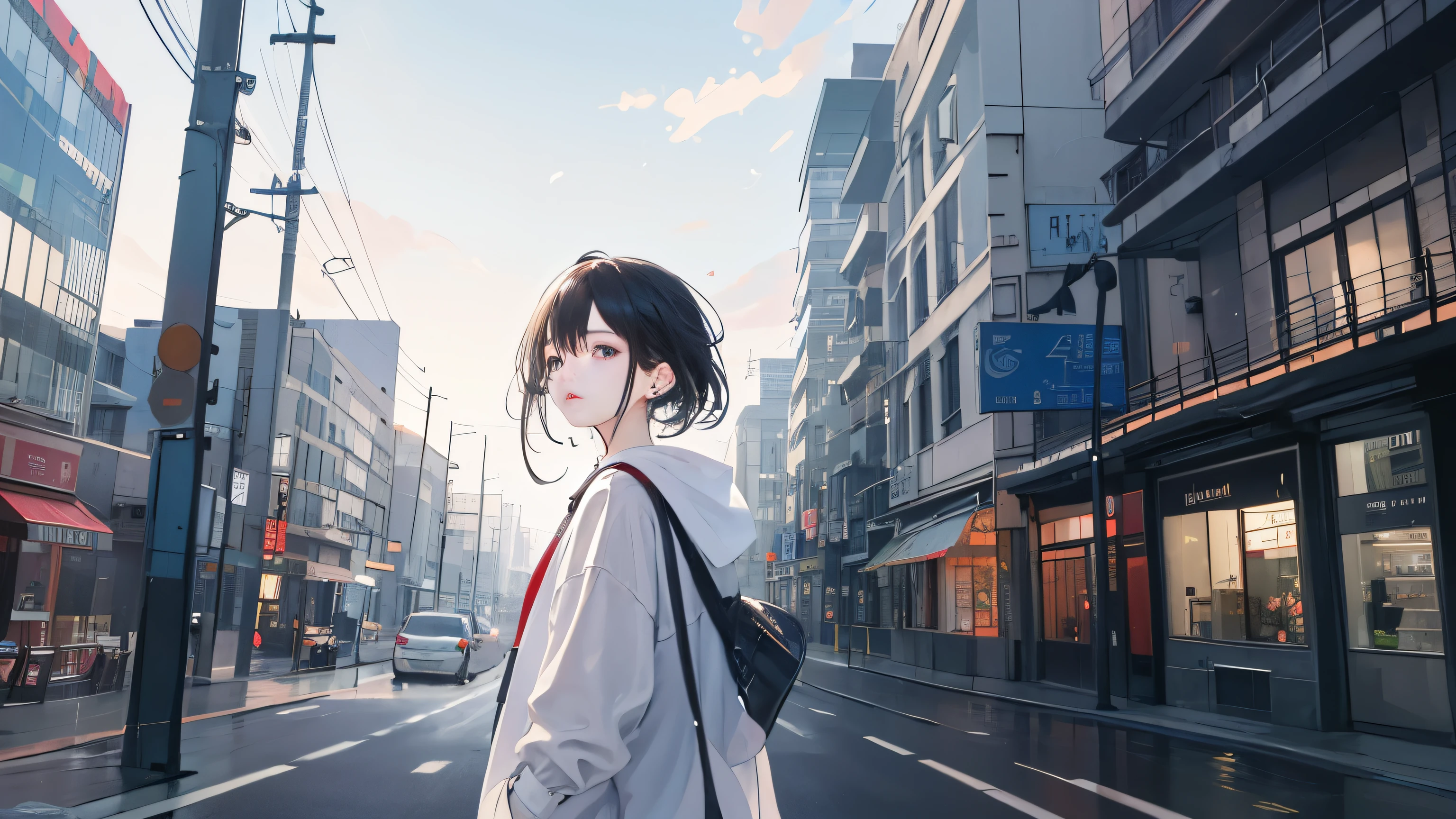 ((highest quality)), ((masterpiece)), (be familiar with), perfect face,((highest quality)), ((masterpiece)), (be familiar with),girl,perfect face,Alone,anxiety,Asahi,unfamiliar road,city,love that ended,spring,homesick,sense of loss,earphone,natural makeup,shyness,Hick