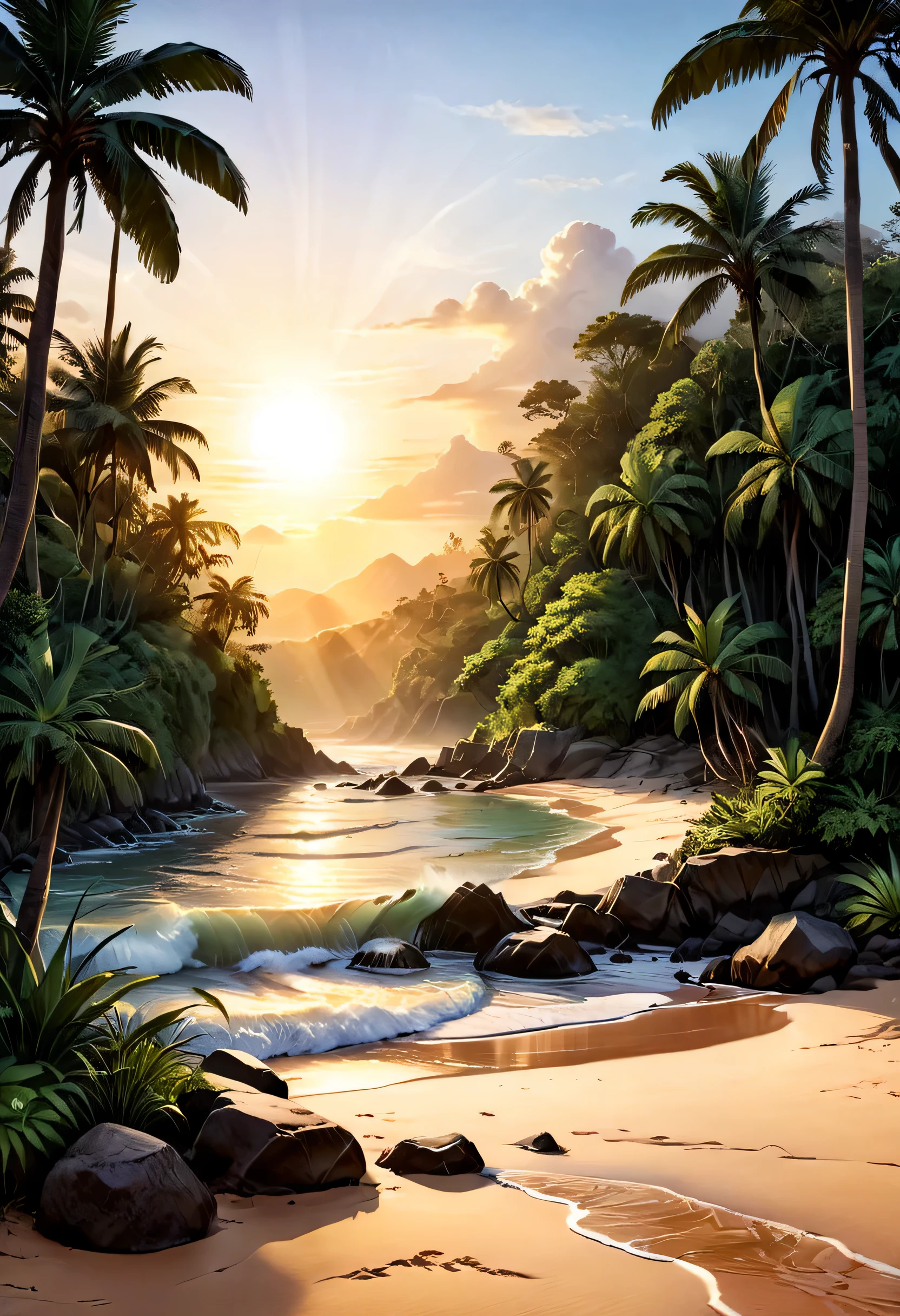 Rifstyle 3,1, um iate a beira mar (((em preto e branco))) on a desert beach and a tropical forest illuminated by the sunset (((cores vivas))), high quality illustration, obra de arte 