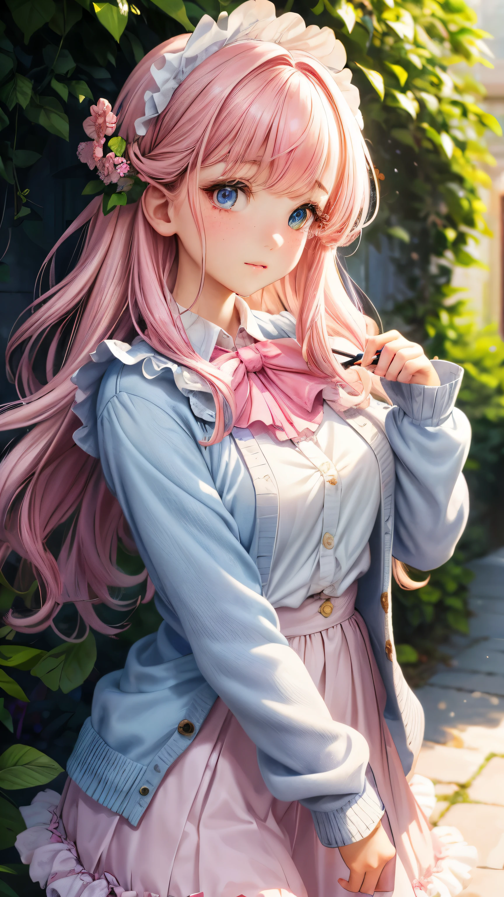fine brush strokes and physically-based rendering, creating a stunningly realistic effect. The girl's pink hair cascades down in soft waves, framing her delicate features. Her fair, pale complexion stands out against the rich colors of her surroundings, adding to her ethereal charm. Her golden eyes are wide and expressive, full of life and wonder. Her outfit consists of a short, frilly skirt, a blouse with tiny buttons, and a cardigan adorned with pink flowers, adding to her charming and girly appearance. The painting captures every detail, from the tiny freckles on her nose to the intricate patterns on her cardigan. This is a masterpiece of anime art, a