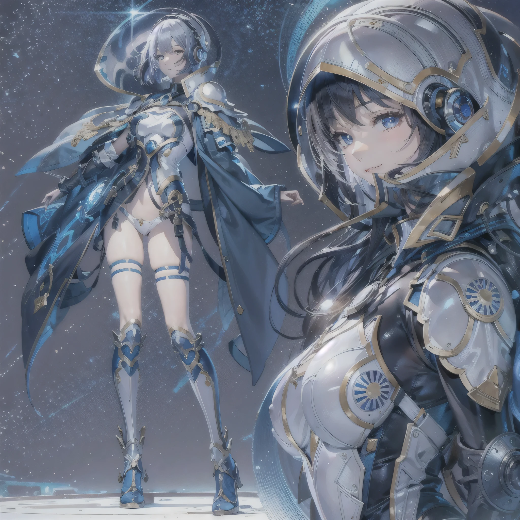 (masterpiece、highest quality、highest resolution、clear_image、detailed details、Angle from above): (full body figure、One 20 year old girl、Japanese faces、small face、Slender、Navy blue super short bob cut hair、(hidden small breasts:1.3)、sparkling blue eyes、Shiny pilot suit in blue and black colors、armor that protects the chest、tight fitting clothes、clothes that cover the whole body、shiny clothes、tight fit pants、hide the skin、very delicate and beautiful、detailed skin、hide thighs、Hide your ass、cute type、gentle smile、soft expression、heroine、headset、Knee-high boots、gloves up to the elbow、eye level shot、facing directly、woman on a spaceship)