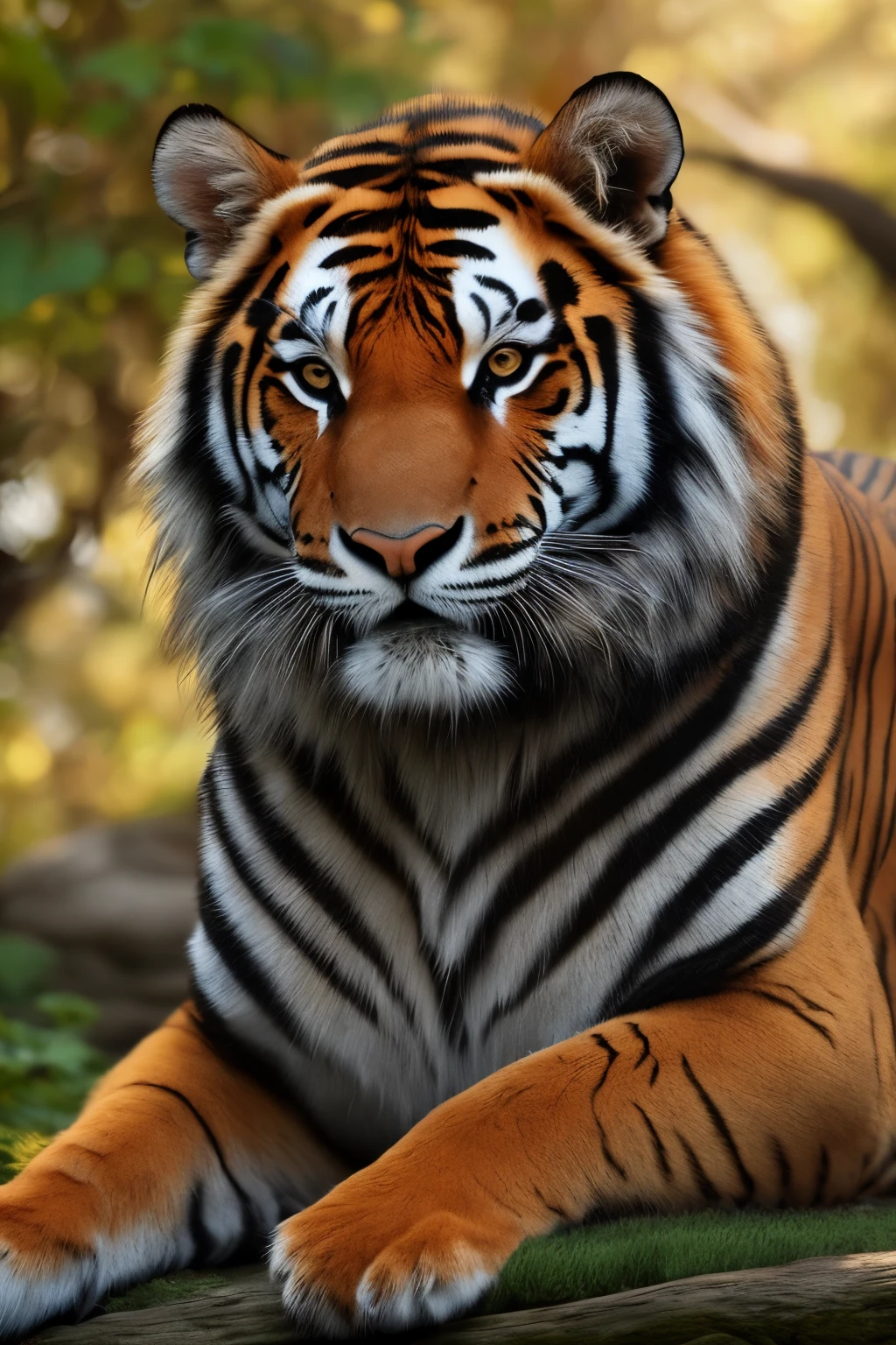 File: A high-definition image of a serene and contemplative Buddha statue, captured in lifelike detail, sitting cross-legged under a shady banyan tree, surrounded by lotus flowers, tranquil pond reflection, rich autumnal colors, immersive HDR, 8k resolution.

(masterpiece) An exquisitely detailed digital painting of a majestic tiger in its natural habitat, with hyper-realistic textures and lifelike movements, vibrant sunset background, brilliant orange and gold tones, captivating eyes full of intensity and courage, dynamic compositions, intricate fur patterns, impressionistic brushstrokes, cinematic lighting,