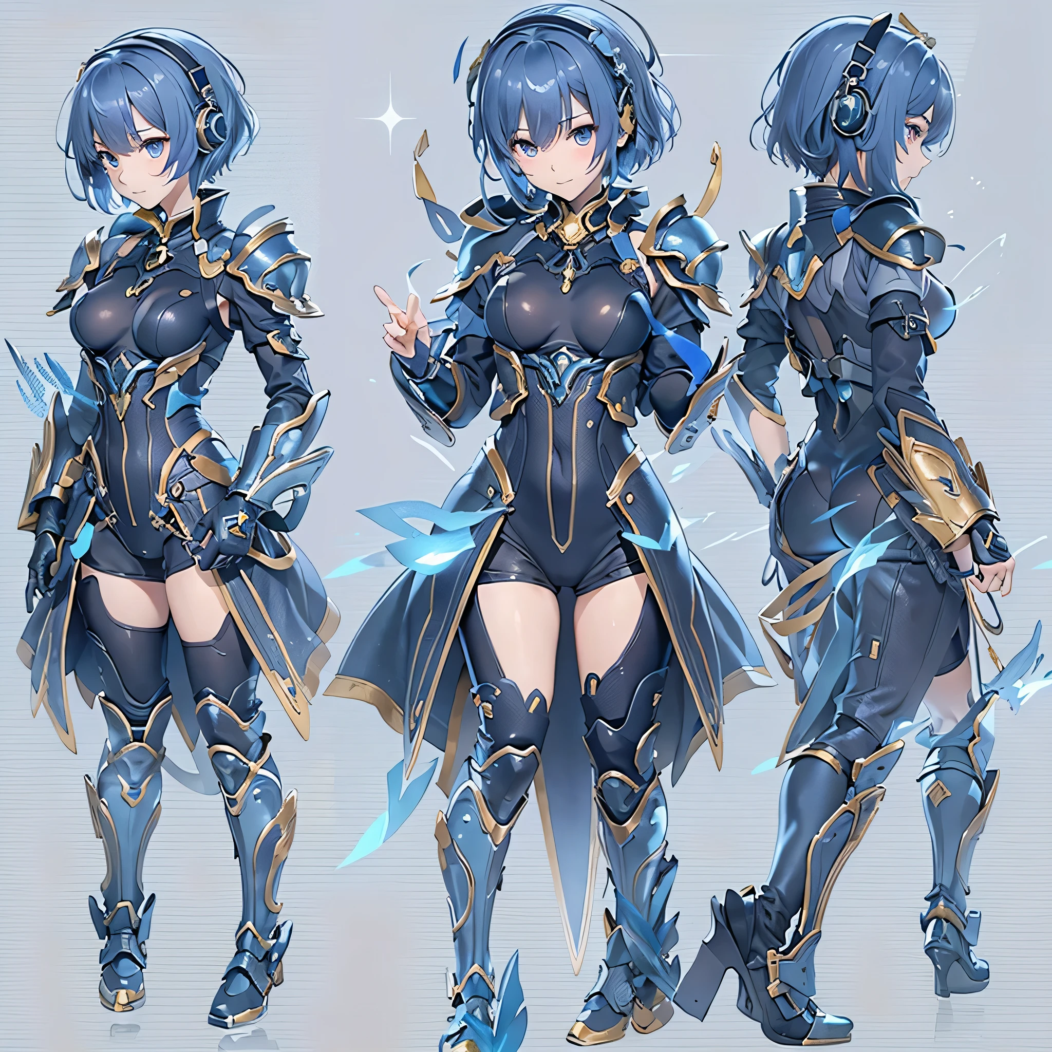 (masterpiece、Highest quality、Highest Resolution、Clear_image、Detailed details、Angle from above): (Whole body、One 20 year old girl、Japanese Faces、Small Face、Slender、Navy blue super short bob cut hair、(Hidden small breasts:1.3)、Sparkling blue eyes、Shiny pilot suit in blue and black colors、Chest protection armor、Tight fitting clothes、Clothing that covers the whole body、Glamorous clothes、Tight Fit Pants、Hide your skin、Very delicate and beautiful、Detailed Skin、hide thighs、Hide your ass、Cute、A gentle smile、Soft expression、heroine、headset、Knee-high boots、Elbow-length gloves、Eye Level Shot、Face directly、Woman on a spaceship)