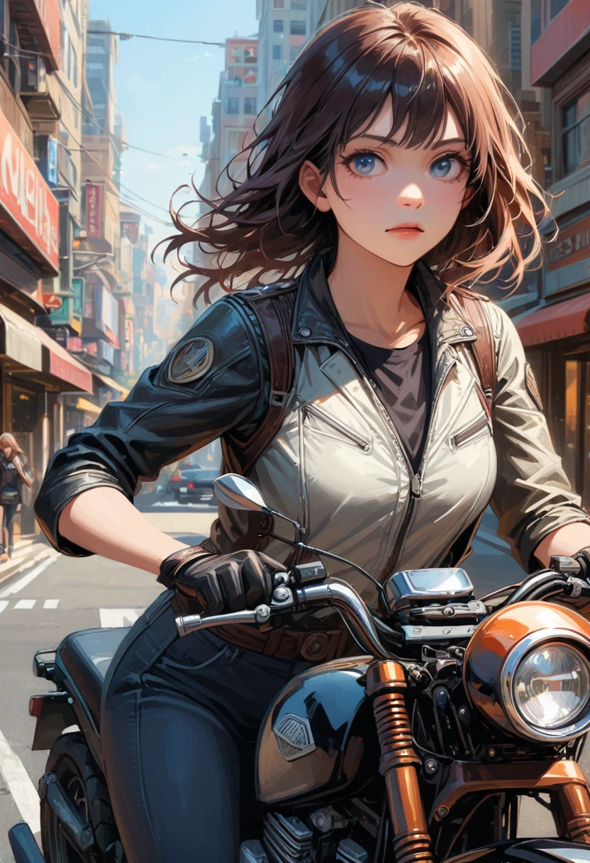 girl, Motorcycle driver, street, city, Brandon Woelfel Style page, detailed background, Realistic, Movie Still, best quality, masterpiece, very aesthetic, perfect composition, intricate details, ultra-detailed, Animagine