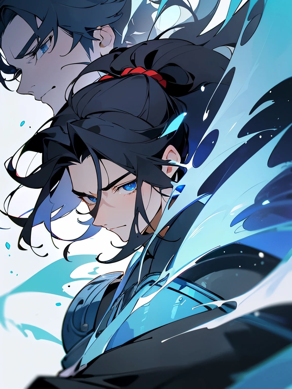 Mature adult man ((masculine and youthful face)) army general, blue eyes, black hair tied in a ponytail, blue armor, sword of the sea god Susano'o, manhua style ((perfect nose))