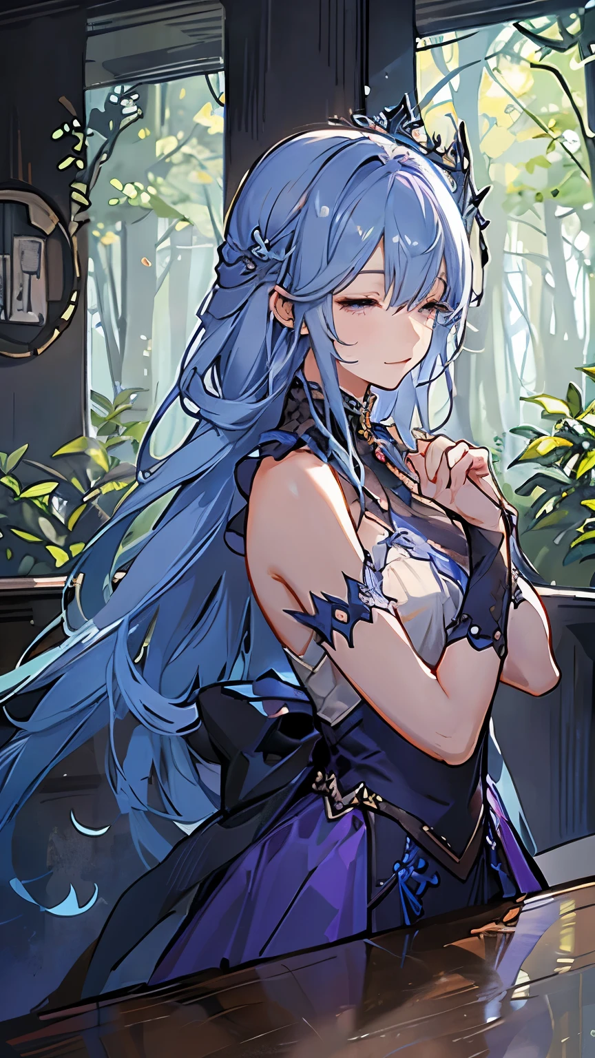 A blue fairy likes a purple fairy，Very Admirable，in the forest，Blue Goblin，Fingers of both hands interlocked，pray，双手在胸前pray，Close eyes，Quiet，Tranquility