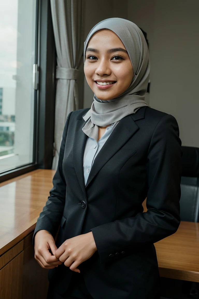 24 year old teenage malay woman with hijab,wearing office suit,office background,closed mouth,smiling