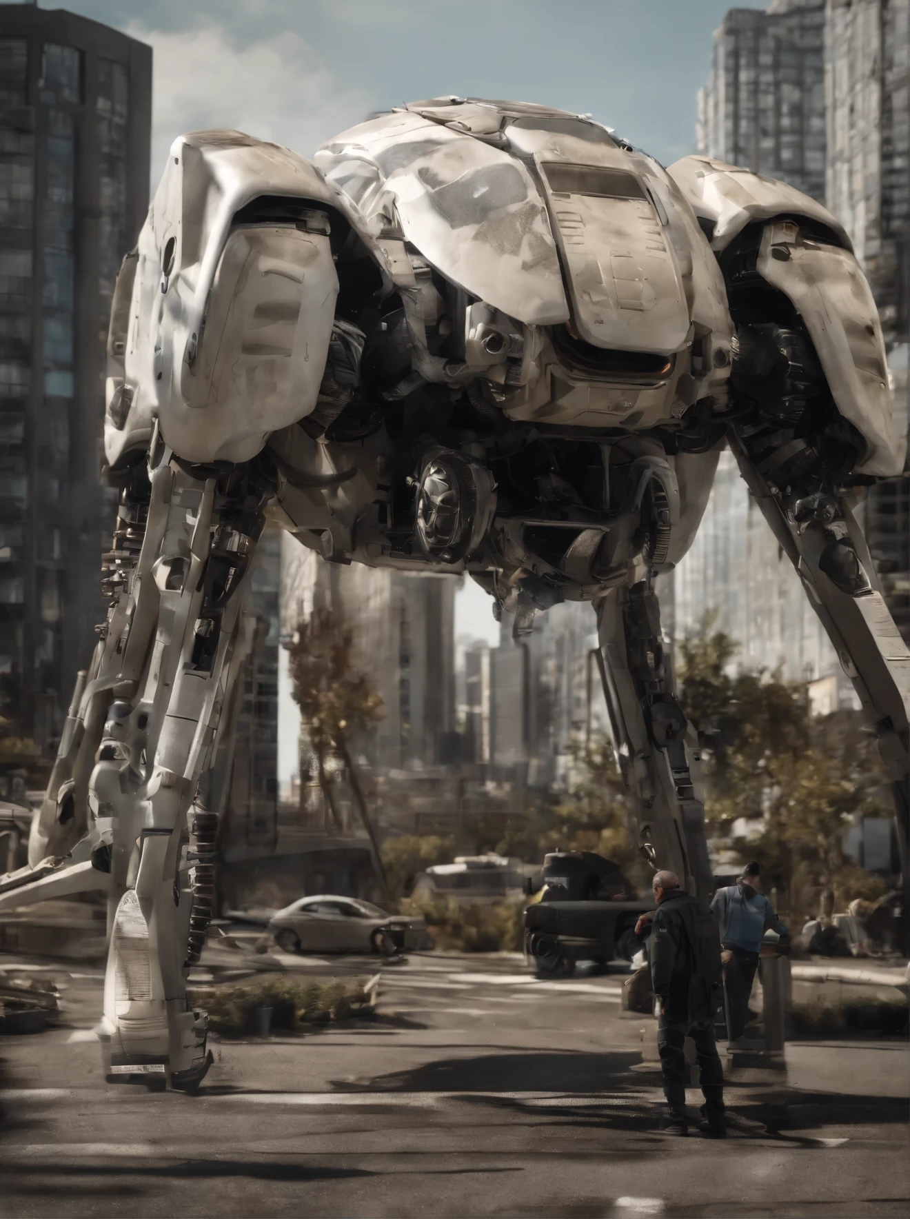 Multi-legged tank、(Very long legs)、((8basic))、Shaped like a tarantula、Appleseed、Shirou Masamune、Crossing Buildings、Total height 50 meters、Fuchikoma, (Organic Design:1.4), background: Futuristic urban space, A hierarchical city、concrete jungle、(masterpiece), Sci-Fi Art
