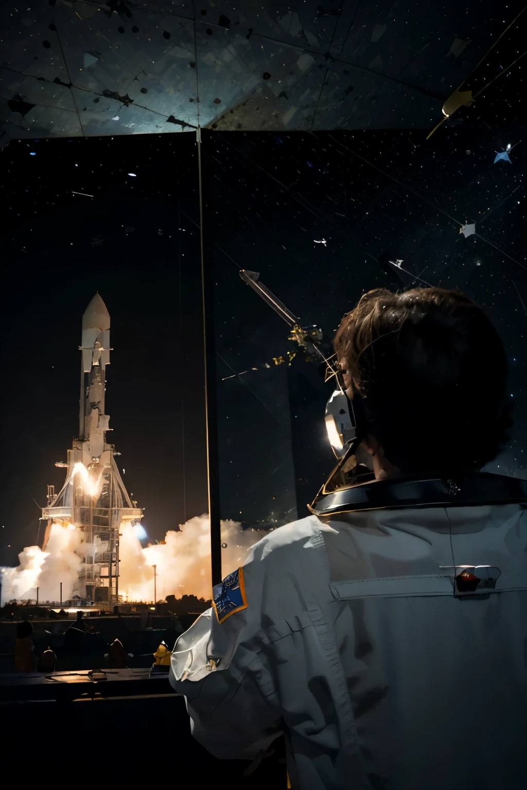 (Best quality, Ultra high-definition, masterpiece: 1.3), Dramatic scene, space shuttle launch, Earth's beautiful blue and green surface fading into the background, Mars' reddish hue appearing in the distance, Space traveler's determined and focused expression, Rocket engines igniting and leaving a trail of fire, Space shuttle's intricate details visible, Shallow depth of field, High contrast lighting, Sparkling stars and constellations visible in the black sky, (Spacecraft technology: 1.5), Astronaut wearing protective suit, Waving goodbye to Earth, Vibrant colors, Photorealistic, HDR, Wide-angle