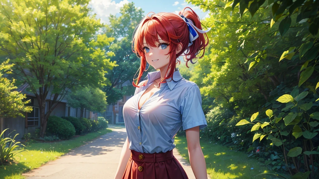 1girl, summer, village, trees, sun, clouds, ((colorful hair)), ponytail, large breasts, button down, blue eyes, ((red, white and green shirt)), ((unbuttoned shirt)), unbuttoning buttons, ((short sleeved shirt)), black mini skirt, brown shoes, grin, looking at the viewer, standing, red, white and green hair ribbon, cleavage, ((golden necklate))