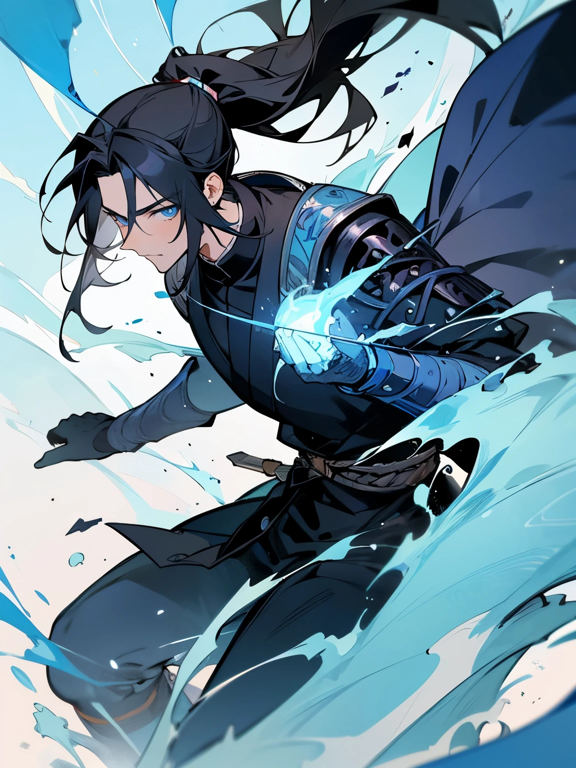 Mature adult man ((masculine and youthful face)) army general, blue eyes, black hair tied in a ponytail, blue armor, sword of the sea god Susano'o, manhua style