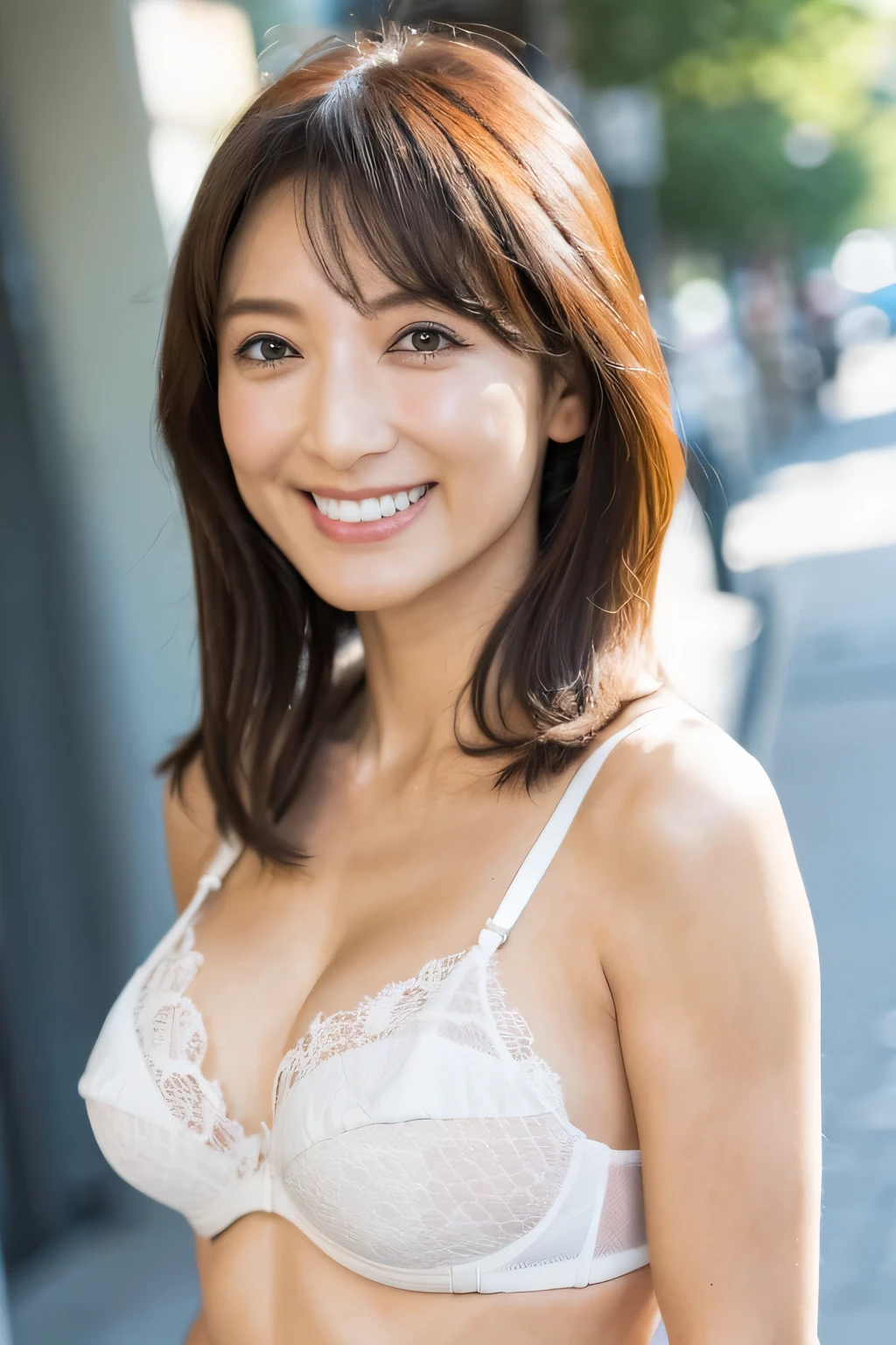 NSFW:1.5,((highest quality、8K resolution、master masterpiece、portrait:1.3)), Photoreal, 35mm film, 1 Japanese female, Upper body、on the street during the day, wrinkles around the eyes, plump body、smile,((white bra_panties:1.3)) , (outdoor:city street 1.3), jumbled background,look at the audience,Tokyo cityscape:1.3,smile