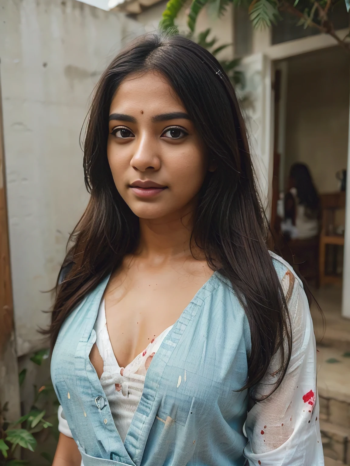 (best quality, ultra-detailed, realistic:1.37), professional, beautiful detailed eyes, beautiful detailed lips, detailed facial features, natural skin tones, perfect skin texture, delicate facial expressions, image in high resolution, realistic face, realistic skin, plain face, natural smile, highly detailed hair, 18yo, (Kiran, beautiful Indian young woman), expresses her artistic side in a creative ensemble, combining a paint-splattered shirt with jeans and carrying paintbrushes. The high-resolution image captures ultra-detailed realism, highlighting Kiran's captivating eyes, expressive lips, and graceful facial features. The vibrant art studio backdrop and colorful artwork create a visually captivating representation of Indian creativity and passion for the arts. straigth:1) Everything is perfect just change the dress