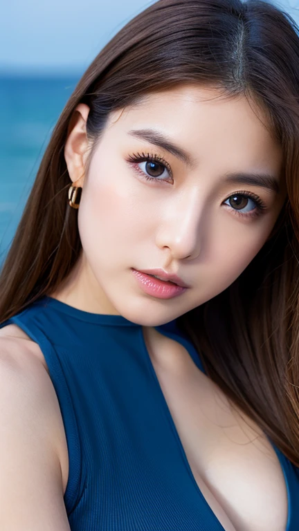 masterpiece、1 beautiful girl、 (reality: 1.4), Japanese、asian beauty、super beautiful、beautiful skin、thin、(Upper body)、(超reality的な)、(High resolution)、(8K)、(very detailed)、(detailed and beautiful eyes)、(Super detailed)、Big eyes、brown eyes、long eyelashes、detailed face、gloss lip,bright lighting、professional lighting、look at the camera、serious expression、look straight ahead、long hair、brown hair、sea landscape、Nogizaka Idol、actress、20-year-old、big breasts、big breasts、wet skin、Blue Latex Suit、cleavage cutout、、Moist and realistic skin texture、moist lips、natural shadow、(Raise the hand),NSFW,sexy pose、From above,