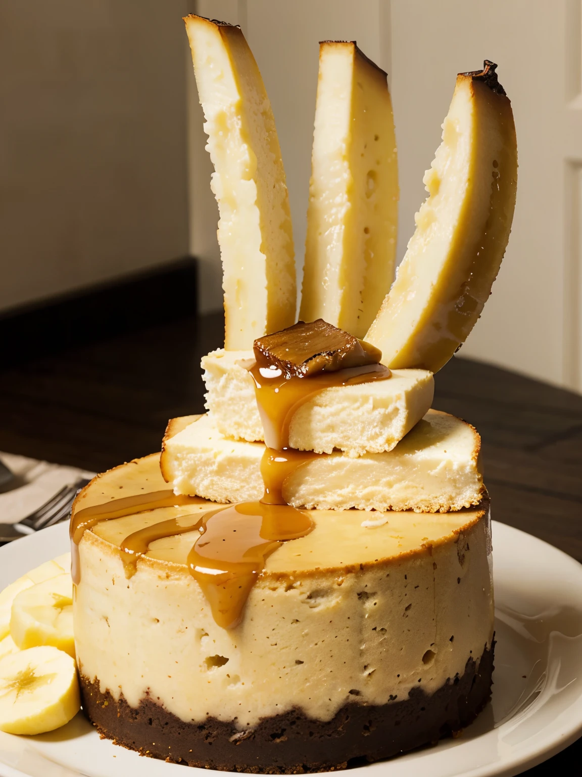 Cheese cake, caramelized, slice banana, honey, shiny 