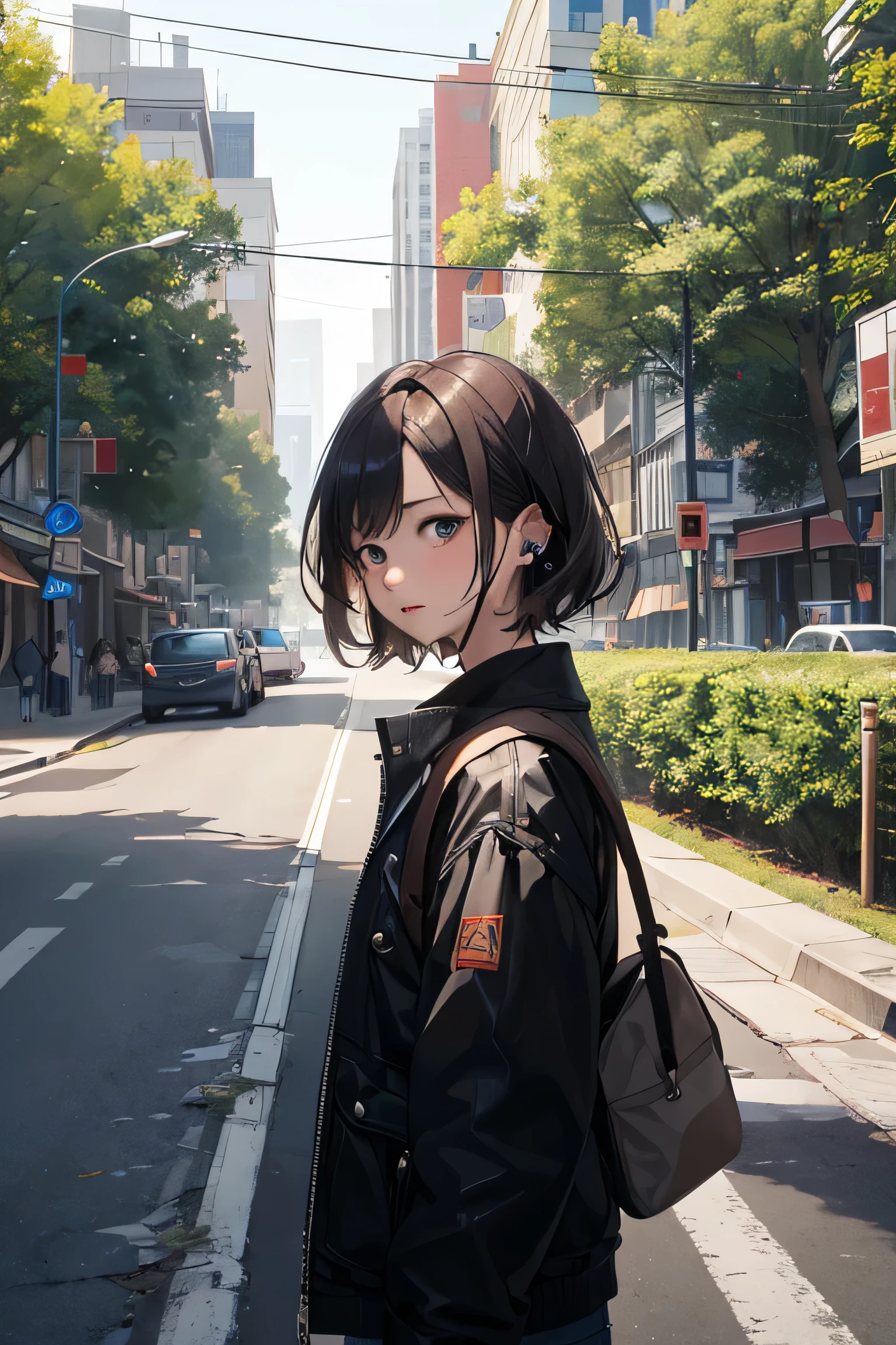 ((highest quality)), ((masterpiece)), (be familiar with),girl,perfect face,Alone,anxiety,Asahi,unfamiliar road,city,love that ended,When the leaves bud,homesick,sense of loss,earphone,natural makeup,shyness,Hick