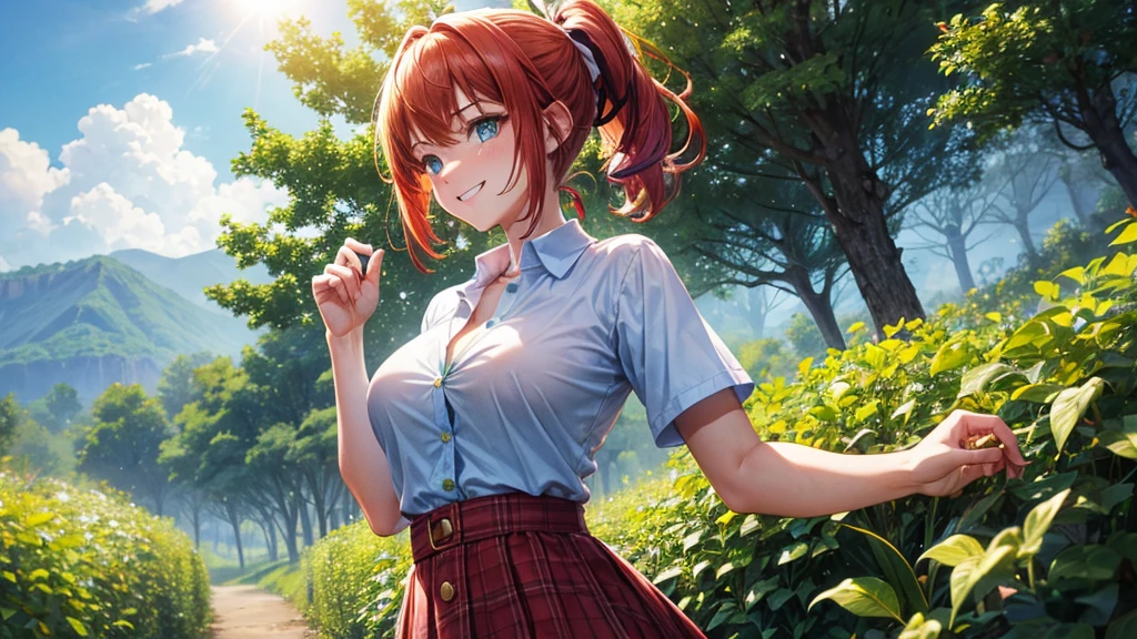1girl, summer, village, trees, sun, clouds, ((colorful hair)), ponytail, large breasts, button down, blue eyes, ((red, white and green shirt)), ((unbuttoned shirt)), unbuttoning buttons, ((short sleeved shirt)), black mini skirt, brown shoes, grin, looking at the viewer, standing, red, white and green hair ribbon, cleavage, ((golden necklate))