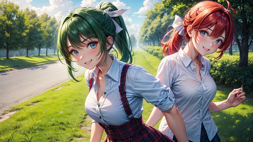 1girl, summer, village, trees, sun, clouds, ((colorful hair)), ponytail, large breasts, button down, blue eyes, ((red, white and green shirt)), ((unbuttoned shirt)), unbuttoning buttons, ((short sleeved shirt)), black mini skirt, brown shoes, grin, looking at the viewer, standing, red, white and green hair ribbon, cleavage, ((golden necklate))