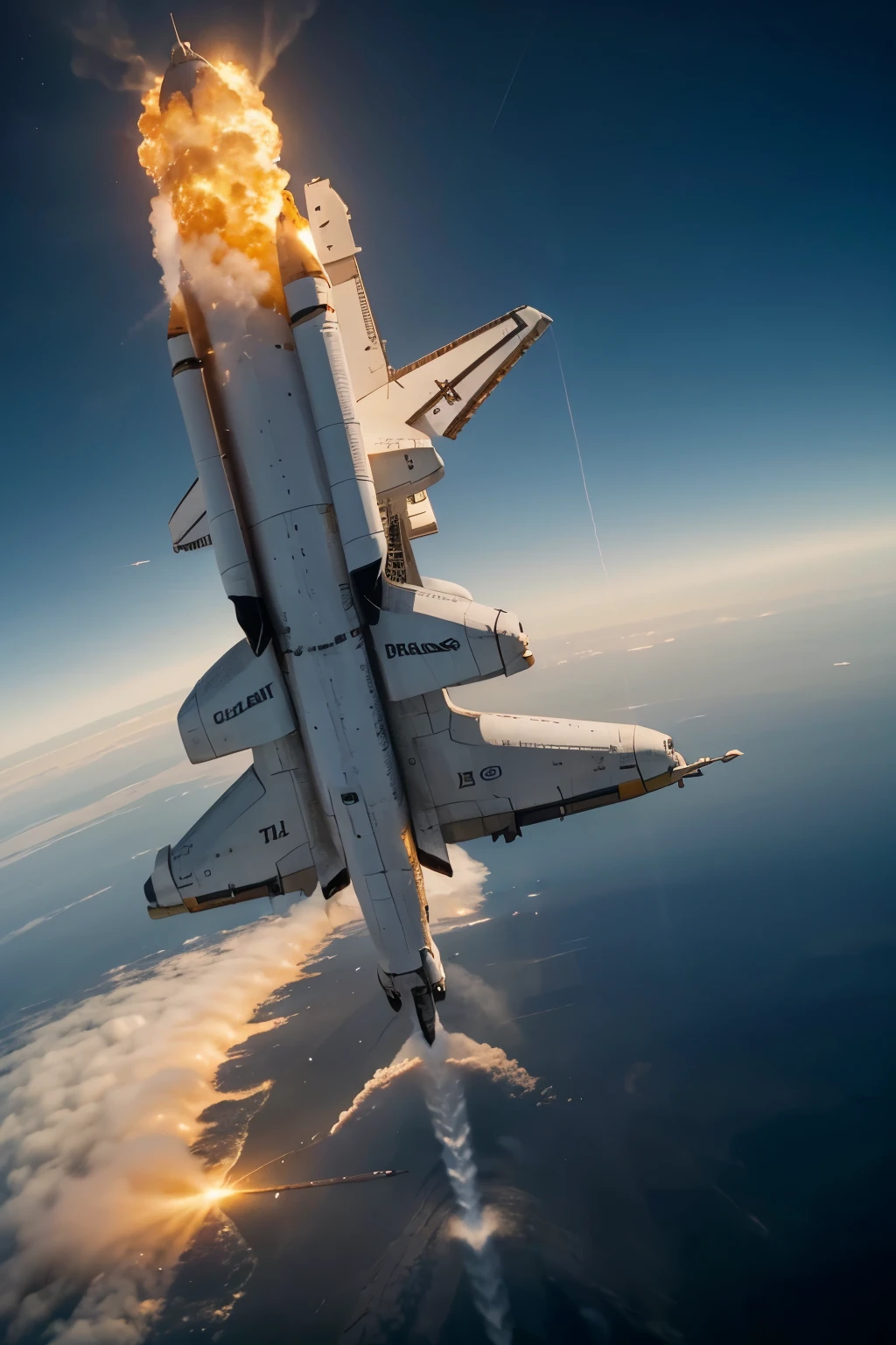 (Best quality, Ultra-detailed, Golden ratio, Masterpiece: 1.1), Dramatic photo of Space Shuttle Columbia, penetrating the earth's atmosphere, breaking through the stratosphere, heading towards the vast expanse of space. The shuttle's sleek white body gleams in the early morning sunlight, as it leaves a trail of vapor in its wake. The intricate details of the shuttle's engines can be seen, their flames casting an orange glow against the deep blue sky. The depth of field is shallow, with the shuttle in sharp focus and the background subtly blurred. The scene is highly detailed, capturing the intricacies of both the