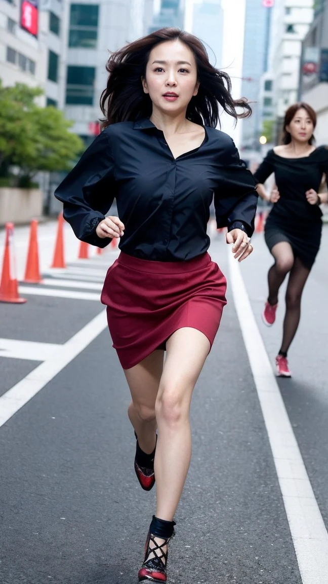 highest quality、masterpiece、ultra high resolution、(realistic:1.4)、Downtown Tokyo、woman、ライオンから逃げるwoman、(((running here、full speed force)))、Driving attitude ,serious expression、beautiful woman、blouse、skirt、handbag、high heels