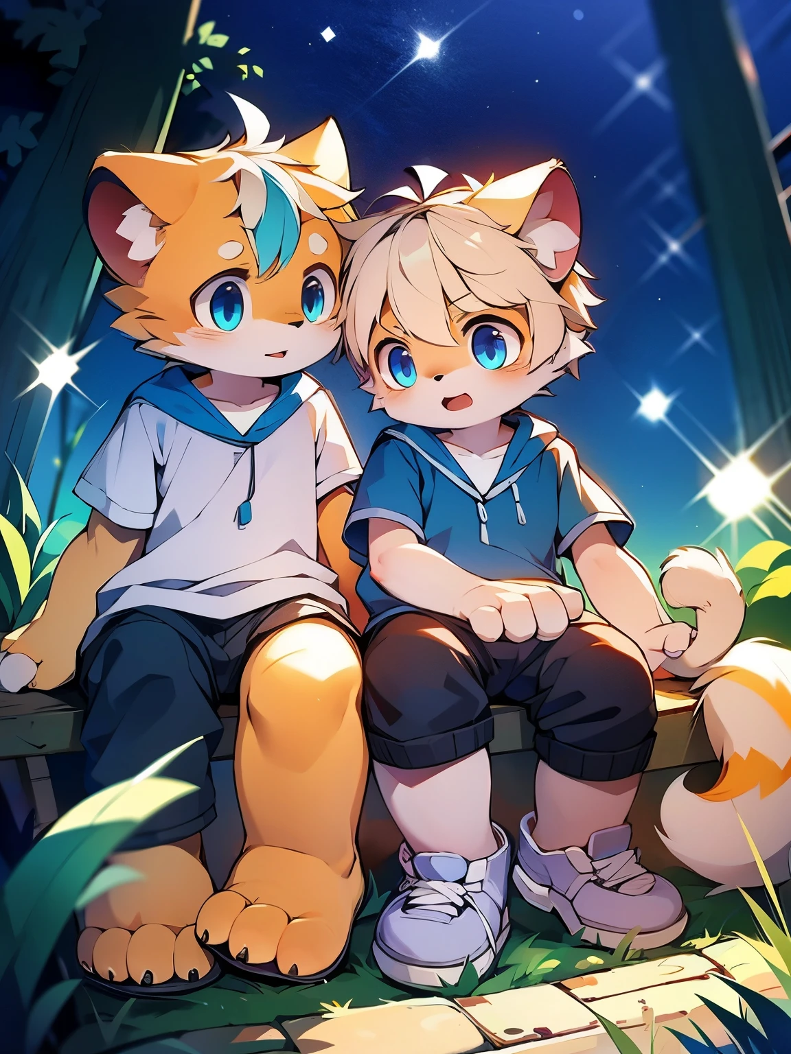 Shota, Sweatshirt, shorter pants, striped hair, white hair, gradient hair, Light orange fur, ahog, flowing hair, expressive hair, shiny hair, short hair, snowflake hair accessories, star shaped pupils, eye reflex, glowing eyes, aqua eyes, orange eyes, cat ears, Jiliu, raised eyebrows, high detail, Japanese cartoons, Japanese cartoons style, Cubism, movie lighting, glowing light, Ray tracing, reflected light, bloom, shadow, wide angle鏡頭, view, wide angle, ultra high definition, retina, masterpiece, precise, anatomically correct, textured skin, Super details, high details, high quality, Award-winning, best quality, high resolution, 8K