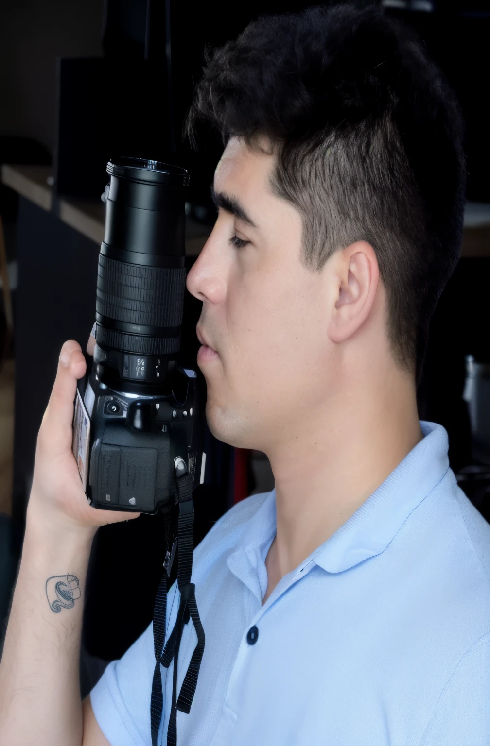 Arafed man holding a camera and taking a picture, head and shoulders 8 0 mm camera, looking to the side of the camera, foto retrato dslr 5 0 mm, filmado com canon eoa 6 d mark ii, photographic portrait, retrato no meio da cena, holding a big camera, Retrato nikon de 1 3 5 mm, foto de retrato 8k, Fotografia de rosto em 4k