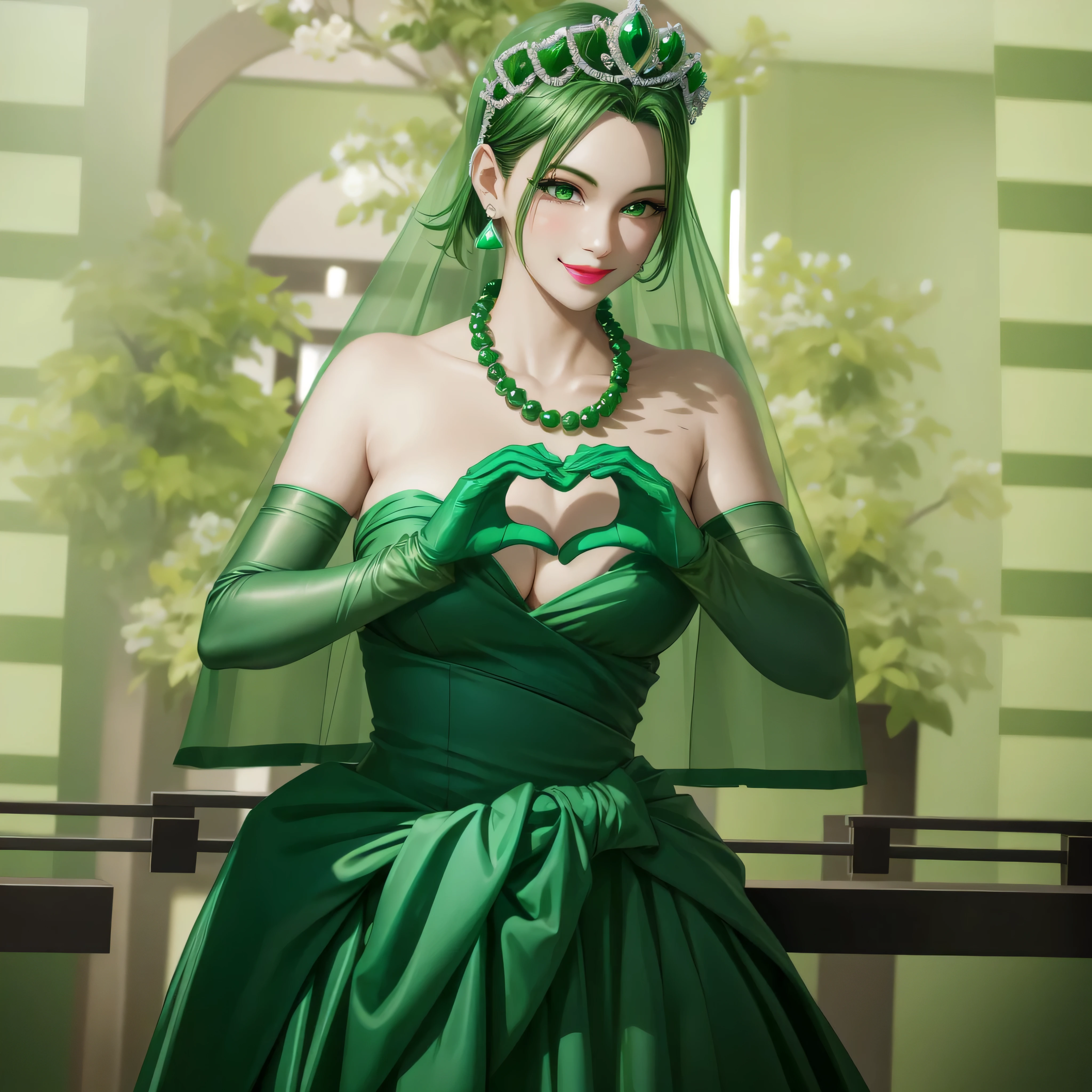 emerald tiara, green pearl necklace, boyish very short green hair, green lips, smiling Japanese woman, very short hair, Beautiful woman with big breasts, green eyes, green satin long gloves, green eyes, emerald earrings, green veil, Heart with both hands, green hair, beautiful japanese woman, heart shaped hands:1.3, green lip gloss