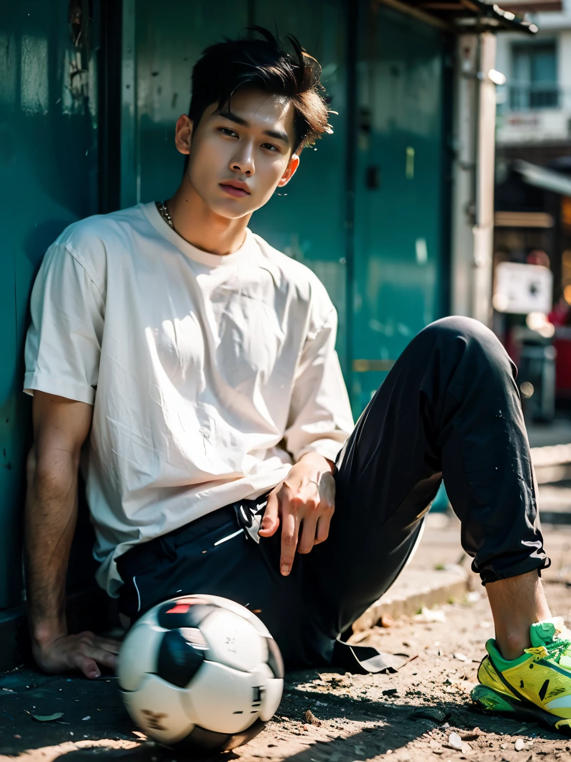 Realistic photography, The most handsome Thai man ,bare ,Sitting with legs open ,sportsperson ,Wear football pants