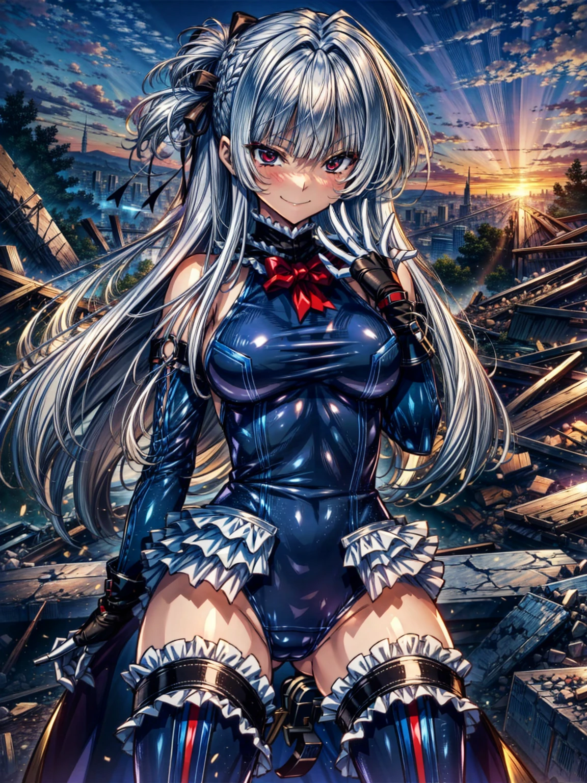 perfect anatomy, highest quality, marirose,evil smile,provocative attitude
,(Girls greet dawn on top of a pile of rubble:1.1),evil smile,anime style,(ruffle swimsuit, Thighhighs, removed sleeve), (anime style:1.4) ,
silver hair,(White fingers:1.1,black gloves),very long hair,evil aura,Rape Eye