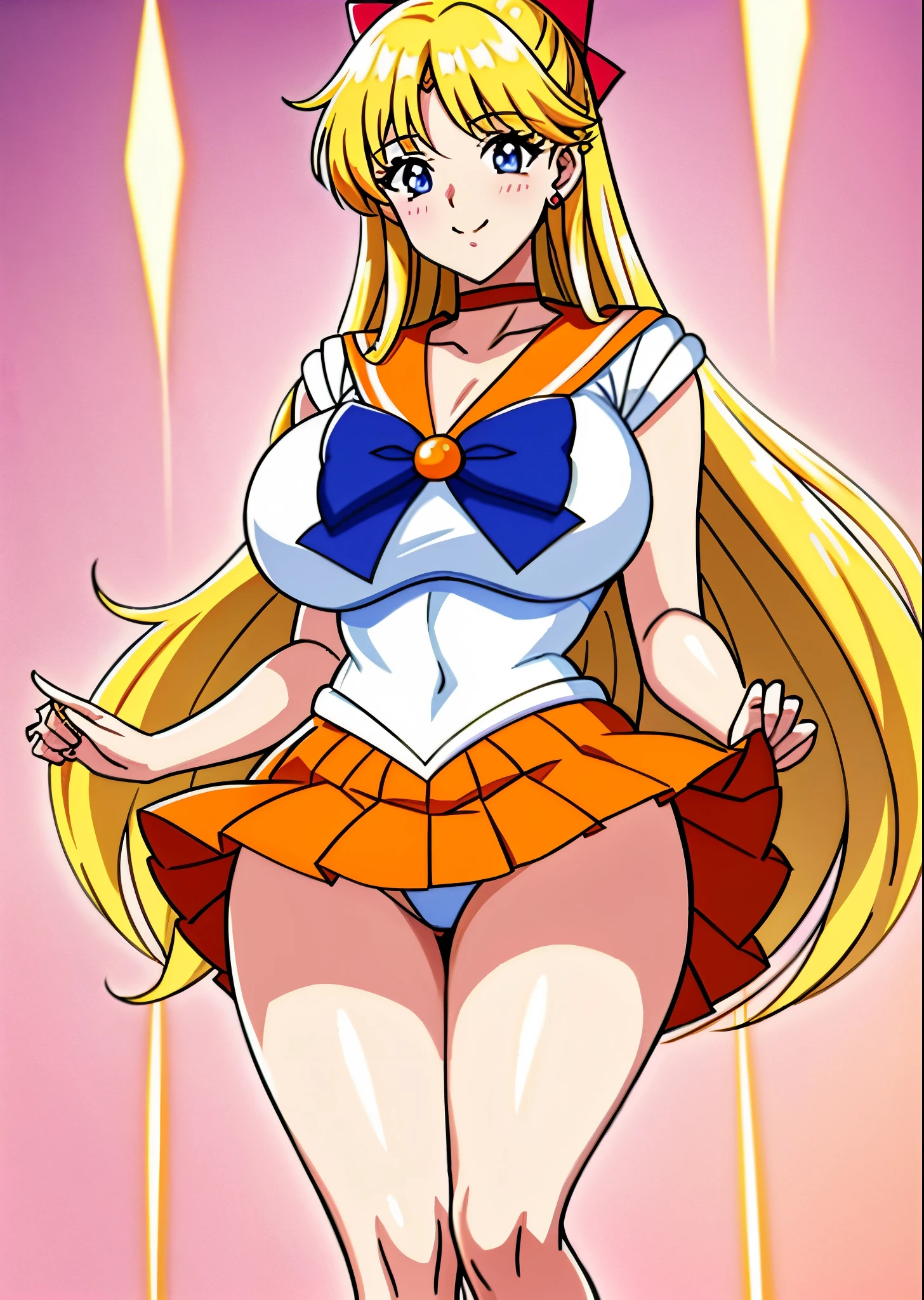 highest quality anime art、masterpiece、high definition anime art、アニメstyle4K、High resolution、Minako Aino、sailor warrior uniform、anime aunt、mature woman、mature woman、annual increase、woman in her 40ILF、orange choker、golden choker、long gloves、sailor venus、A woman with very long blonde hair、orange skirt、golden skirt、 white gloves、orange sailor collar、Gold sailor collar、solo、woman with very large breasts、big breasts、red_head_bow、white leotard、High leg、High legレオタード、white dress、purple bow tie、Magical girl、earrings、smile、traditional_media、jewelry、circlet、blue eyed woman、looking_at_viewer、shiny、half up hair、mature、rating:questionable、mouth closed、mini skirt、pleated skirt、wide hips、cowboy shot、bangs、shiny skin、purple backdrop、a woman is standing、Eyebrow、Long legs、shiny hair、thighs、legs、rating:safe、orange high heels、golden high heels、bare legs、bare shoulders、Ecchi anime style、Feeling naughty、seductive anime woman、Ecchi style、(1990s\(style\):0.9)