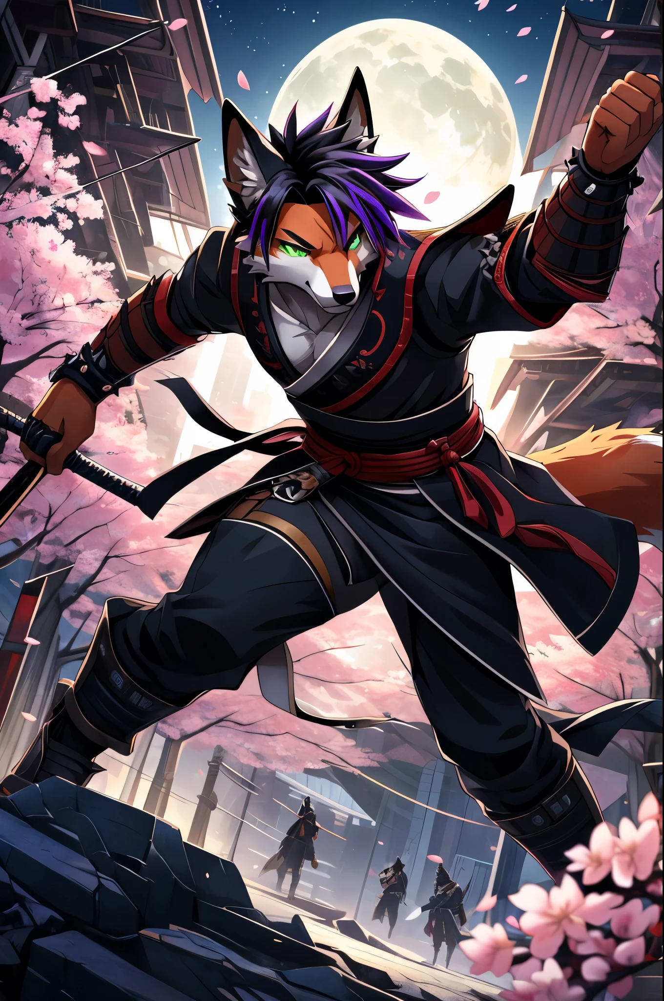 (best quality,4k,8k,highres,masterpiece:1.2),ultra-detailed,sexy furry fox boy with well toned abs,fox snout, fox ears,fox tail,fiery-orange fur,cyberpunk samurai,purple highlights in hair,black hair,punk hairstyle,action pose with katana,sharp focus,professional,vivid colors,studio lighting,dark atmosphere,lit by moonlight,glowing green eyes,expressive,sexy samurai armor,dynamic movement,mysterious background scenery,sinuous motion,intense fight scene with flying cherry blossoms