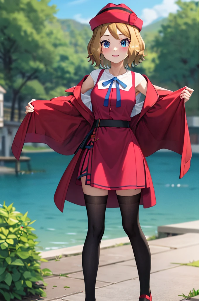 masterpiece, best quality, highres, serena \(pokemon\), short hair, blue eyes, 1girl, solo, blue ribbon, eyelashes, black thighs, neck ribbon, sleeveless, bangs, collarbone, bare arms, pink dress, red coat, pink hat, outdoor, standing by a lake, blushing, smile, long stockings, black stockings, mid-thigh stockings, medium-sized female breasts,  Neckline, detailed background, background of great details.