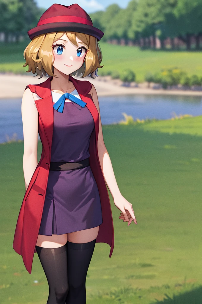 masterpiece, best quality, highres, serena \(pokemon\), short hair, blue eyes, 1girl, solo, blue ribbon, eyelashes, black thighs, neck ribbon, sleeveless, bangs, collarbone, bare arms, pink dress, red coat, pink hat, outdoor, standing by a lake, blushing, smile, long stockings, black stockings, mid-thigh stockings, medium-sized female breasts,  Neckline, detailed background, background of great details.