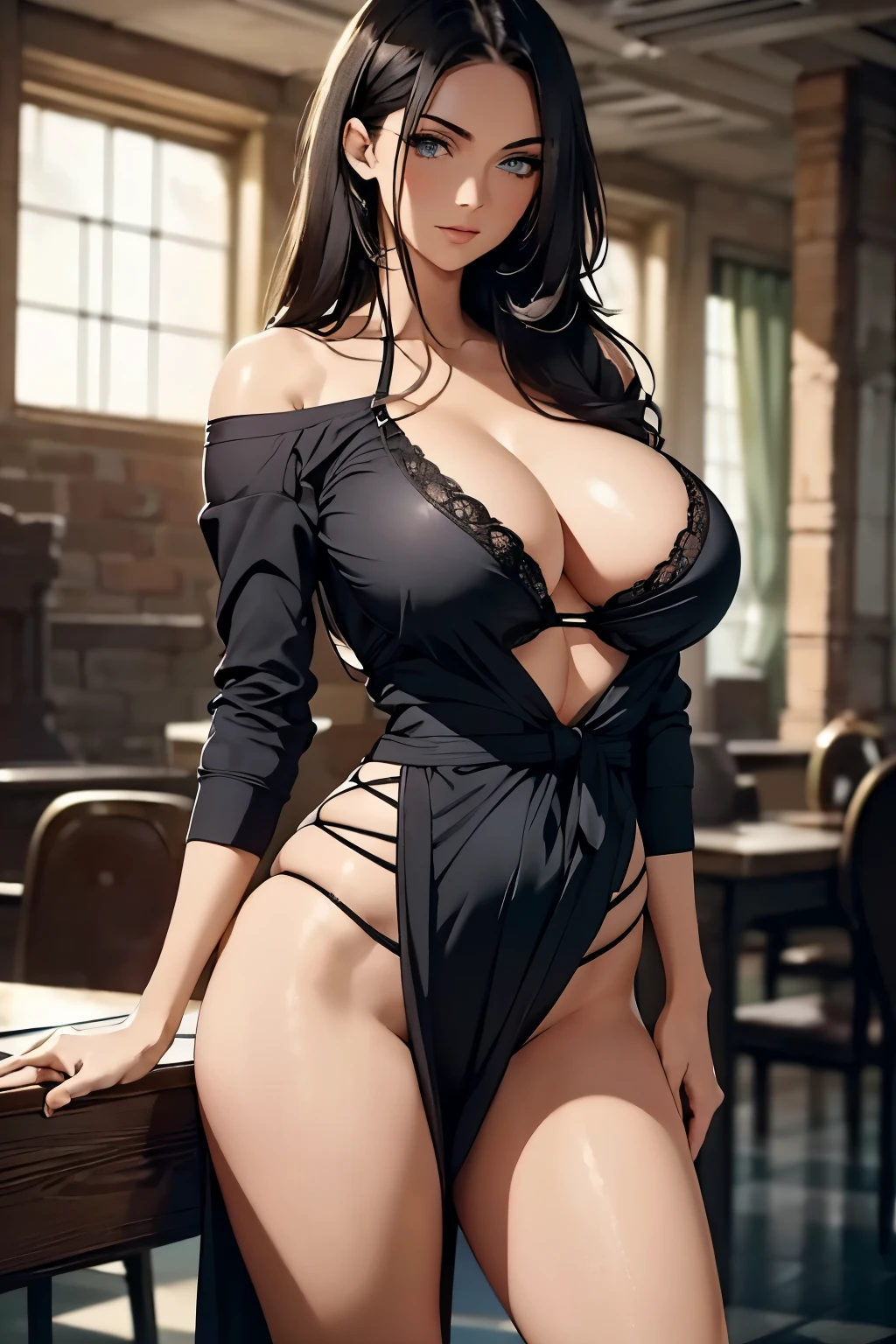 (masterpiece, best quality, detailed illustration, high resolution), ((1girl, solo)), ((huge breasts, large breasts, slim waist, long legs, fit body, toned body)), ((full body, closeup view)), ((standing)), ((looking at the viewer, facing the viewer)), office setting, ((fair skin)), oiled skin, ((large breasts, mature woman, mature female, mature lady)), (detailed eyes, good eyes, better eyes), ((standing)), (black hair), ((casual clothes)), (blue eyes), (massive breasts), (long hair), ((milf)), (visible cleavage)