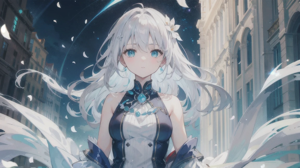 (masterpiece), petal, particles of light, Upper body, 1 , wavy hair, particles of light, silver hair, aqua eye, looking at the viewer,A city made of pearls