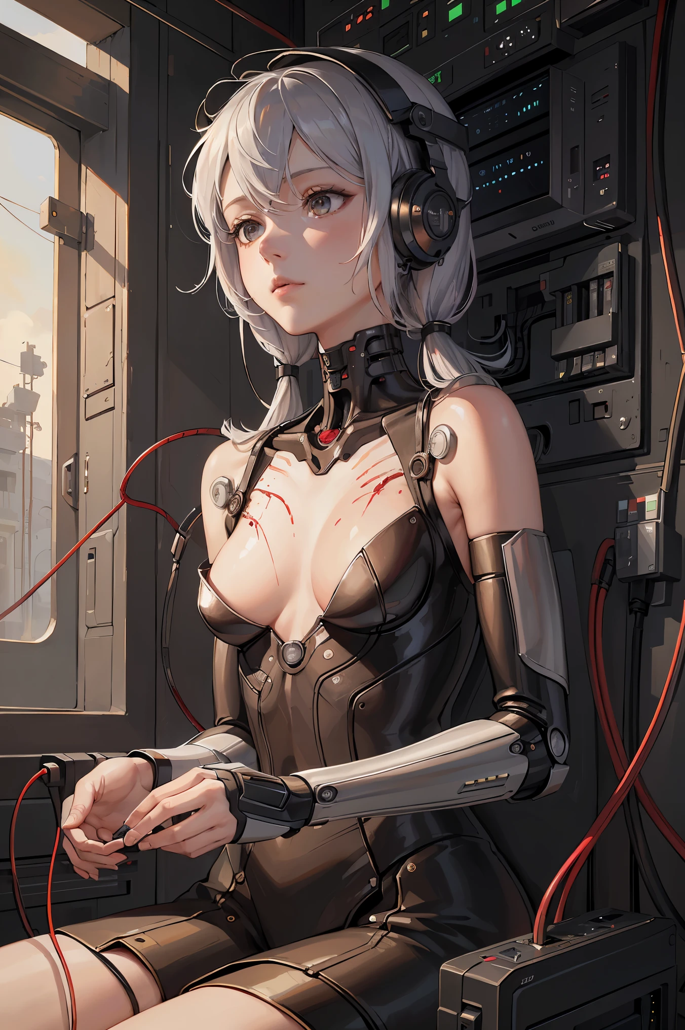 (((master piece))), (((highest quality))), ((super detailed)), (Detailed CG illustration), ((extremely delicate and beautiful)),(cute and delicate face),movie lighting,((1 Mechanical Girl)),alone,full body lesbian,(machine joint:1.4),((The blood vessels in the machine's limbs are connected to tubes.、The mechanical vertebrae are connected to the back)),((A mechanical cervical spine is attached to the neck)),((sat down)),No expression,(Wires and cables attached to head and body:1.5),(character focus),Science fiction