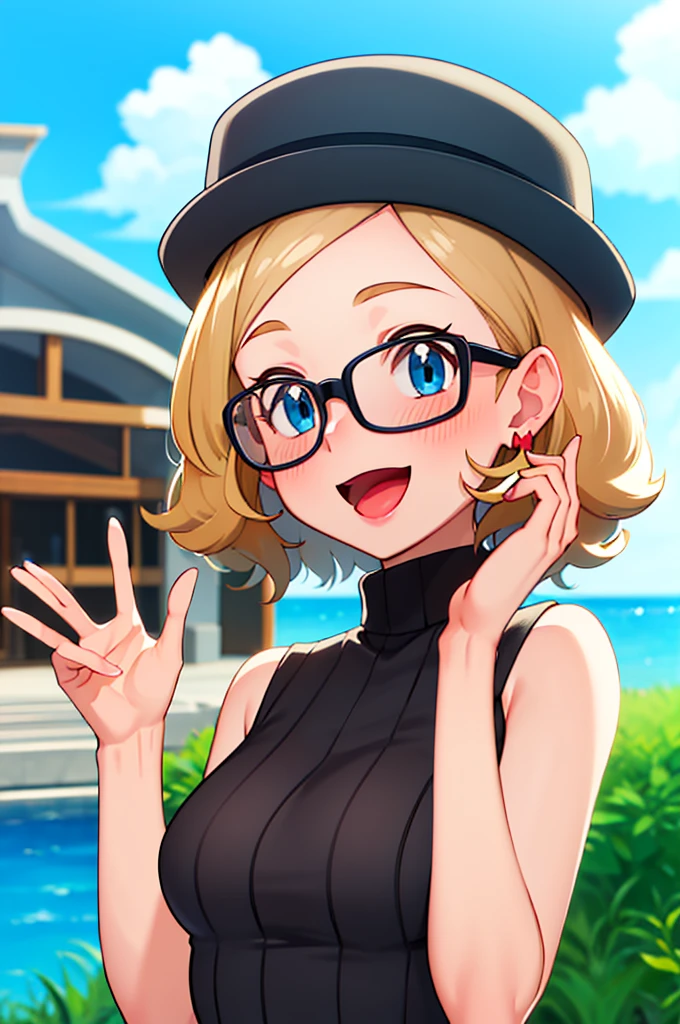 masterpiece, best quality, highres, 1girl, solo, blush, smile, short hair, open mouth, bangs, blue eyes, blonde hair, hat, jewelry, upper body, :d, earrings, outdoors, sky, sleeveless, day, tongue, shiny, cloud, hand up, water, blurry, vest, bare arms, eyelashes, turtleneck, border, happy, grass, sweater vest, sleeveless turtleneck, grey headwear,  glasses