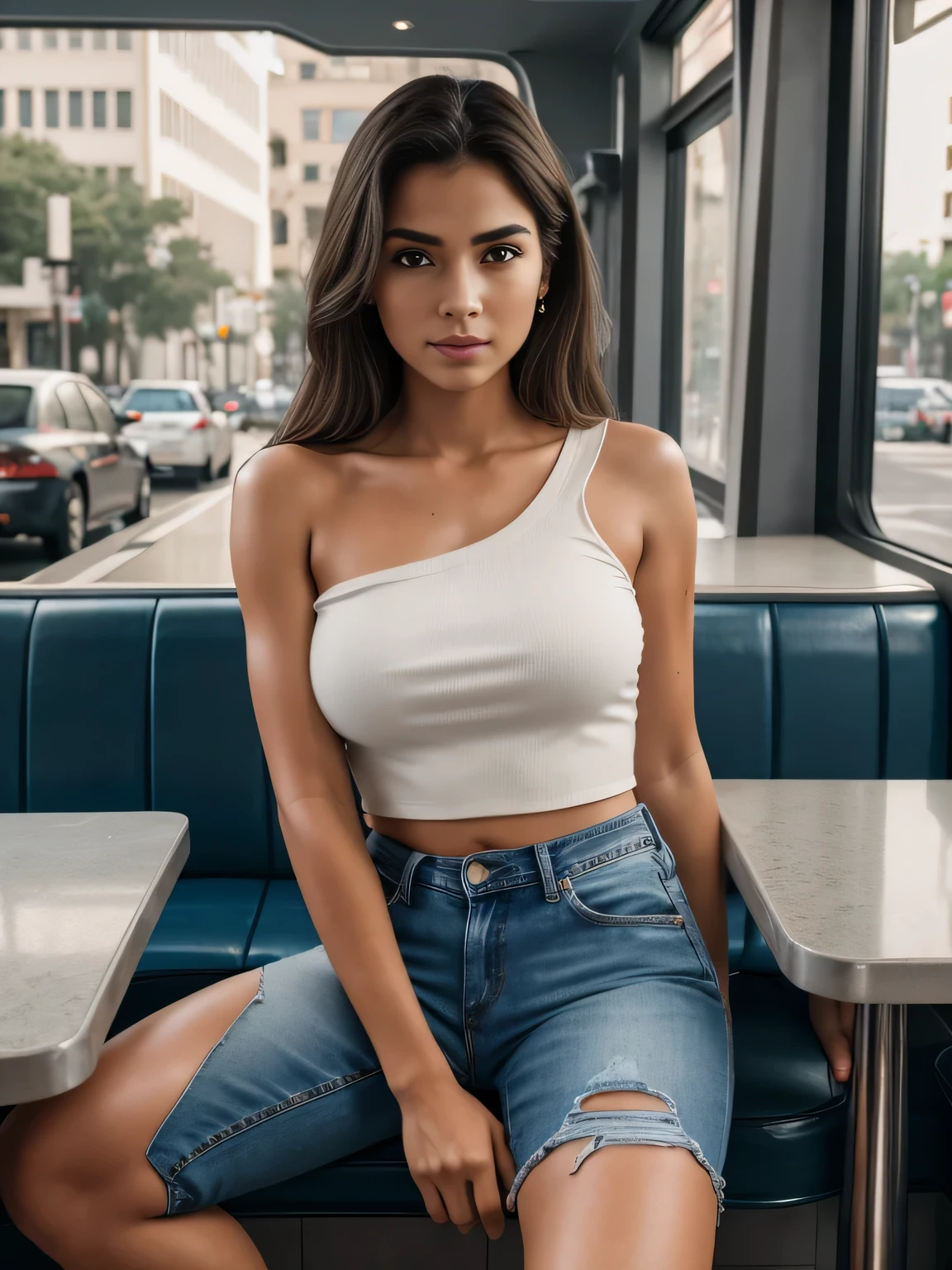 ((nsfw)), 8k, RAW photo, best quality, ultra high res, photorealistic, realistic photo of a girl wearing a croptop, bare shoulders, jeans, sitting in a diner, beautiful, detailed face, detailed, highres, realistic, photorealistic, full body, head to toe, legs, matte skin, pores, wrinkles, (extremely detailed CG unity 8k wallpaper), photo of the most beautiful artwork in the world, professional majestic (photography by Steve McCurry), 8k uhd, dslr, soft lighting, high quality, film grain, Fujifilm XT3 sharp focus, f 5.6, High Detail, Sharp focus, dramatic, (looking at viewer:1.2), (natural light)